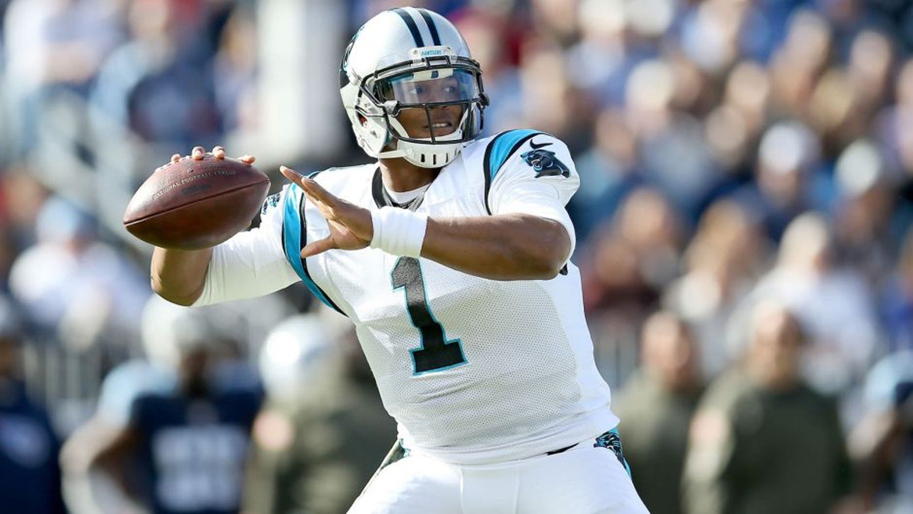 NASHVILLE, TN - NOVEMBER 15: Cam Newton #1 of the Carolina Panthers winds up for a pass during the first quarter against the Tennessee Titans at LP Field on November 15, 2015 in Nashville, Tennessee. (Photo by Andy Lyons/Getty Images)