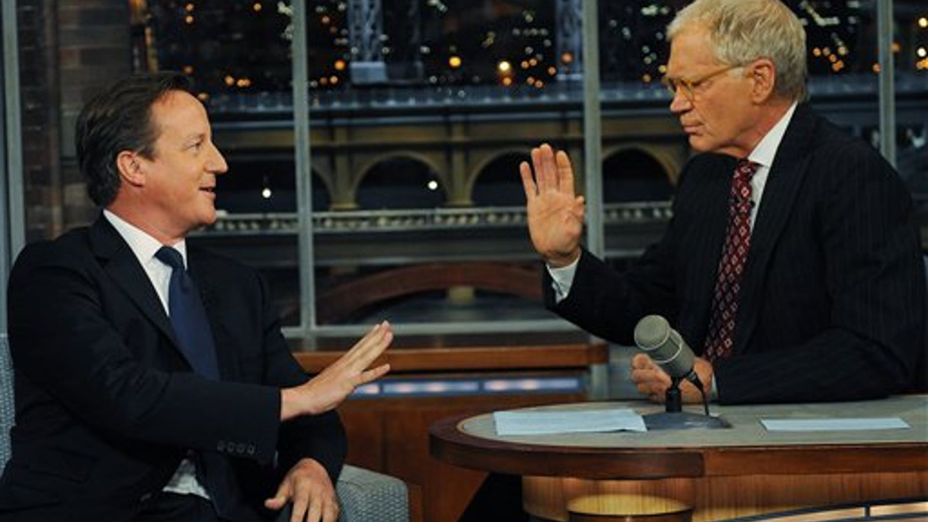 Sept. 26, 2012: Britain's Prime Minister David Cameron (left) talks with talk show host David Letterman on the David Letterman Show after he addressed the United Nations General Assembly, in New York.