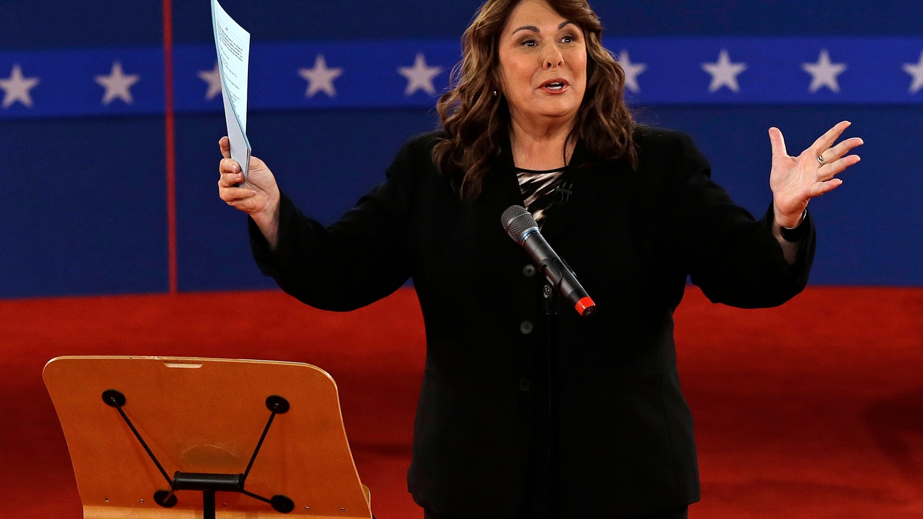 Oct. 16, 2012: Moderator Candy Crowley talks to the audience before the second presidential debate at Hofstra University.