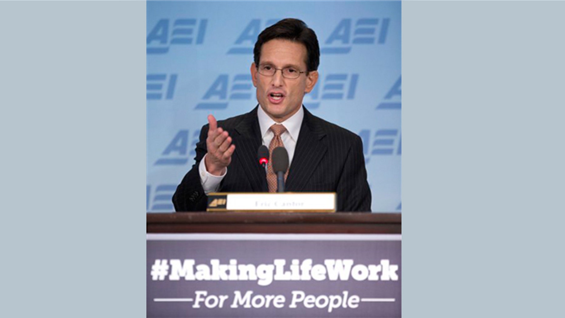 Feb. 5, 2013: House Majority Leader Eric Cantor of Va. gestures as he gives a major policy address entitled: "Making Life Work." at the American Enterprise Institute (AEI) in Washington.
