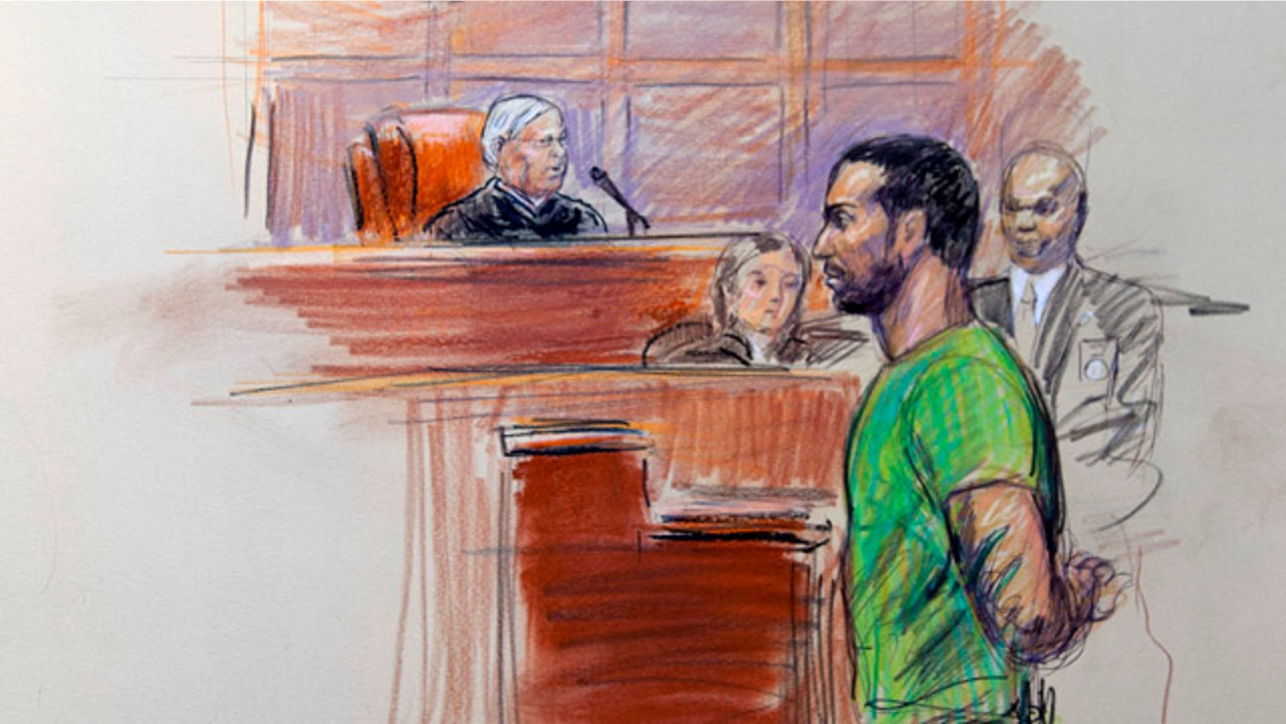 Feb. 17: This artist rendering shows Amine El Khalifi before U.S. District Judge T. Rawles Jones Jr. in federal court in Alexandria, Va.