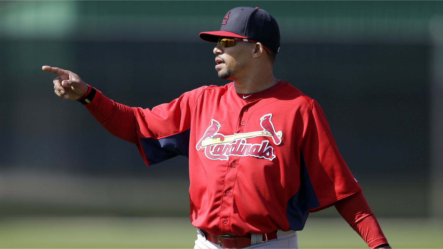 St. Louis Cardinals shortstop Rafael Furcal gestures during spring training baseball, Tuesday, Feb. 19, 2013, in Jupiter, Fla. (AP Photo/Julio Cortez)