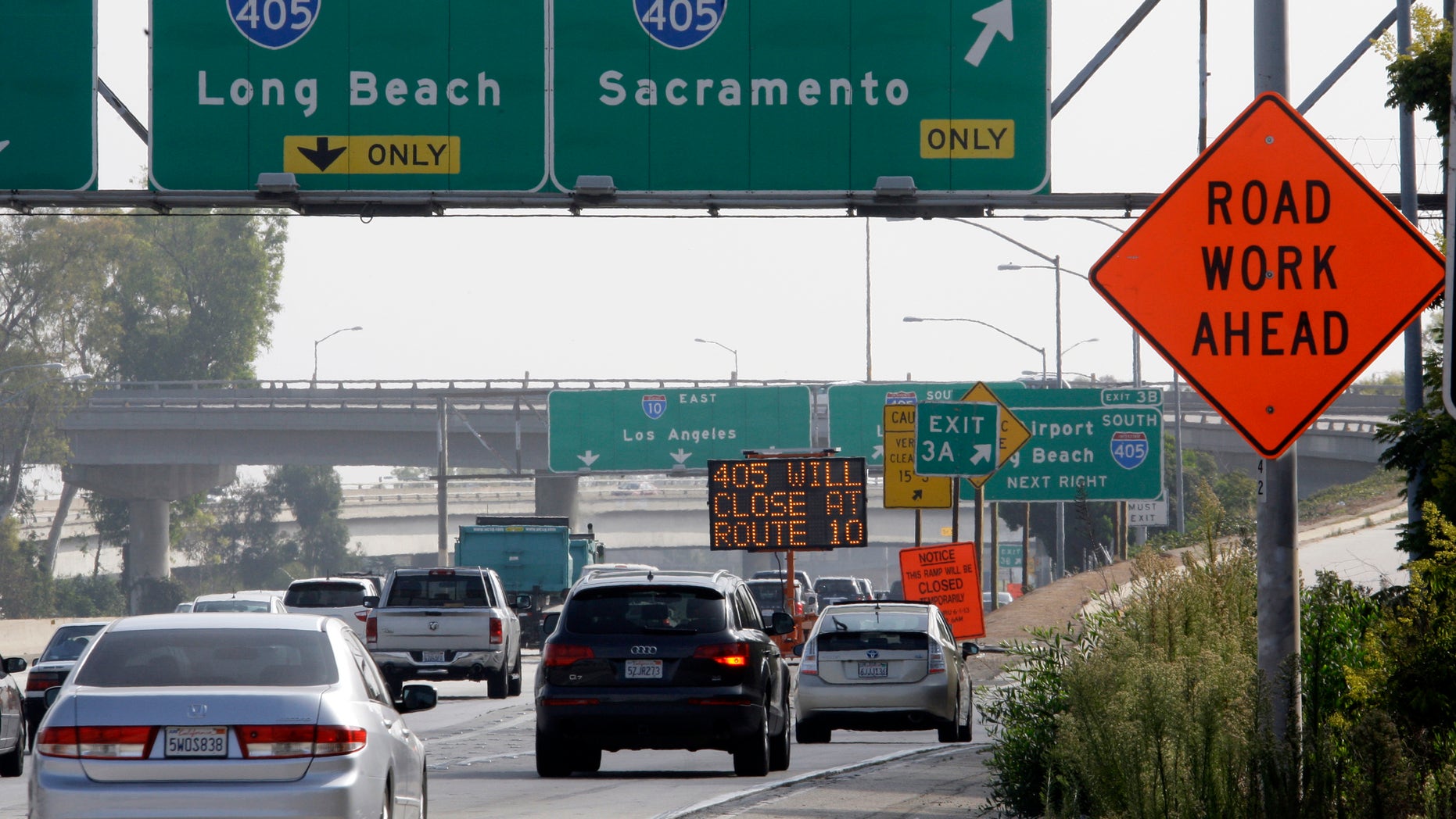 Sept. 26, 2012: A message board flashes a warning to drivers on Interstate 10, the Santa Monica Freeway in West Los Angeles, to plan for the two-day closure of the Interstate 405 freeway over the Sepulveda Pass this coming weekend, Sept. 29-30.