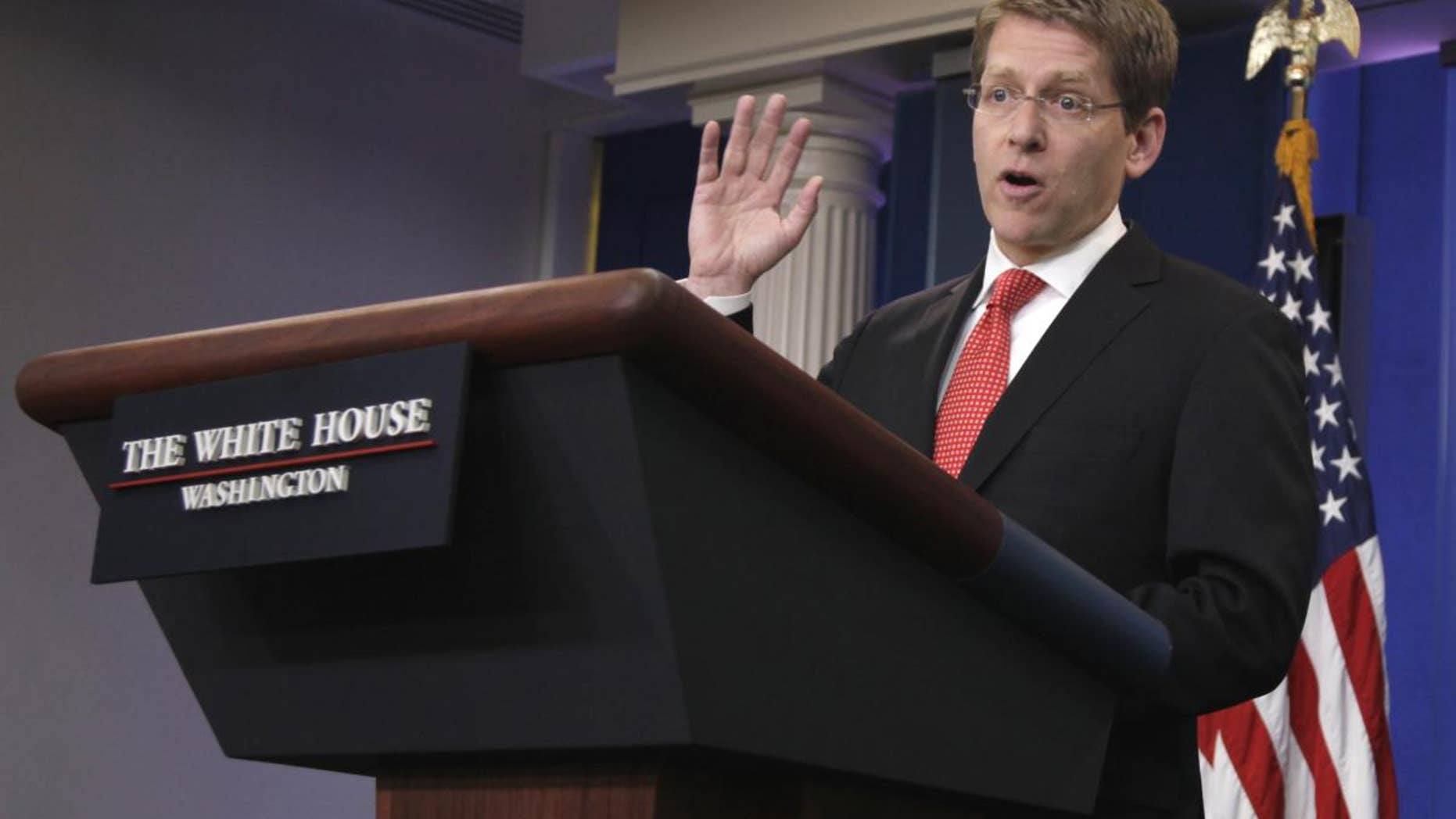 White House Press Secretary Jay Carney gestures during the daily news briefing at the White House in Washington, Tuesday, May 31, 2011. (AP Photo/Carolyn Kaster)