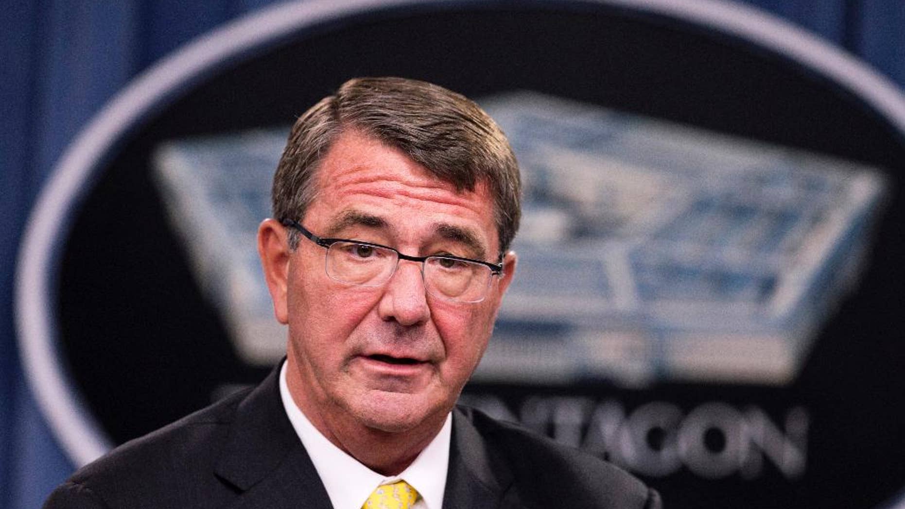 FILE - In this Aug. 20, 2015 file photo, Defense Secretary Ash Carter speaks during a news conference at the Pentagon. Carter used a speech and a wide-ranging exchange with troops on social media sites Tuesday to press his agenda for change in the military, signaling his early support for expanded maternity leave, women serving in combat jobs and greater flexibility pay, promotions and benefits. (AP Photo/Manuel Balce Ceneta, File)