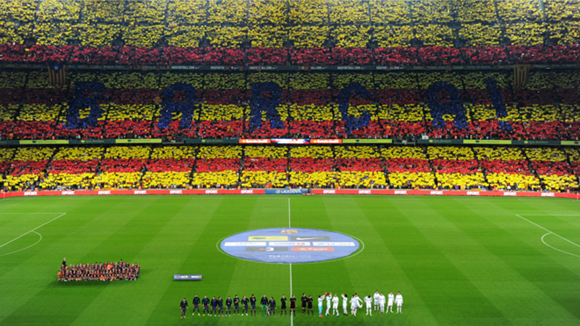 BARCELONA, SPAIN - OCTOBER 07: Barcelona fans display a Catalan flag prior to the start of the la Liga match between FC Barcelona and Real Madrid at the Camp Nou stadium on October 7, 2012 in Barcelona, Spain. (Photo by Jasper Juinen/Getty Images)