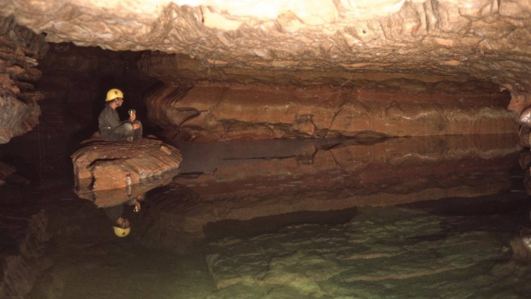 This 1982 photo provided by The National Park Service shows a park employee sitting on a rock in Calcite Lake at The Wind Cave National Park in the Black Hills of South Dakota. The underground lakes, which were discovered in the 1960s, aren't home to any animal life but prominent cave microbiologist Hazel Barton has discovered there is bacteria - albeit scant - in the lakes. Barton hopes to decipher how the bacteria survives and answer questions about how it interacted before multicellular organisms came along and perhaps find new sources of antibiotics. (The National Park Service via AP)