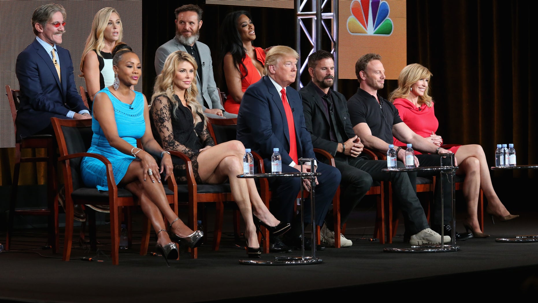(L-R top row) Geraldo Rivera, TV personality Kate Gosselin, executive producer Mark Burnett and actress Kenya Moore. (L-R bottom row) Actress Vivica A. Fox, TV personality Brandi Glanville, executive producer/host Donald Trump, actor Lorenzo Lamas, actor Ian Ziering and Tv personality Leeza Gibbons speak onstage during the 'The Celebrity Apprentice' panel discussion at the NBC/Universal portion of the 2015 Winter TCA Tour at the Langham Hotel on January 16, 2015 in Pasadena, California.