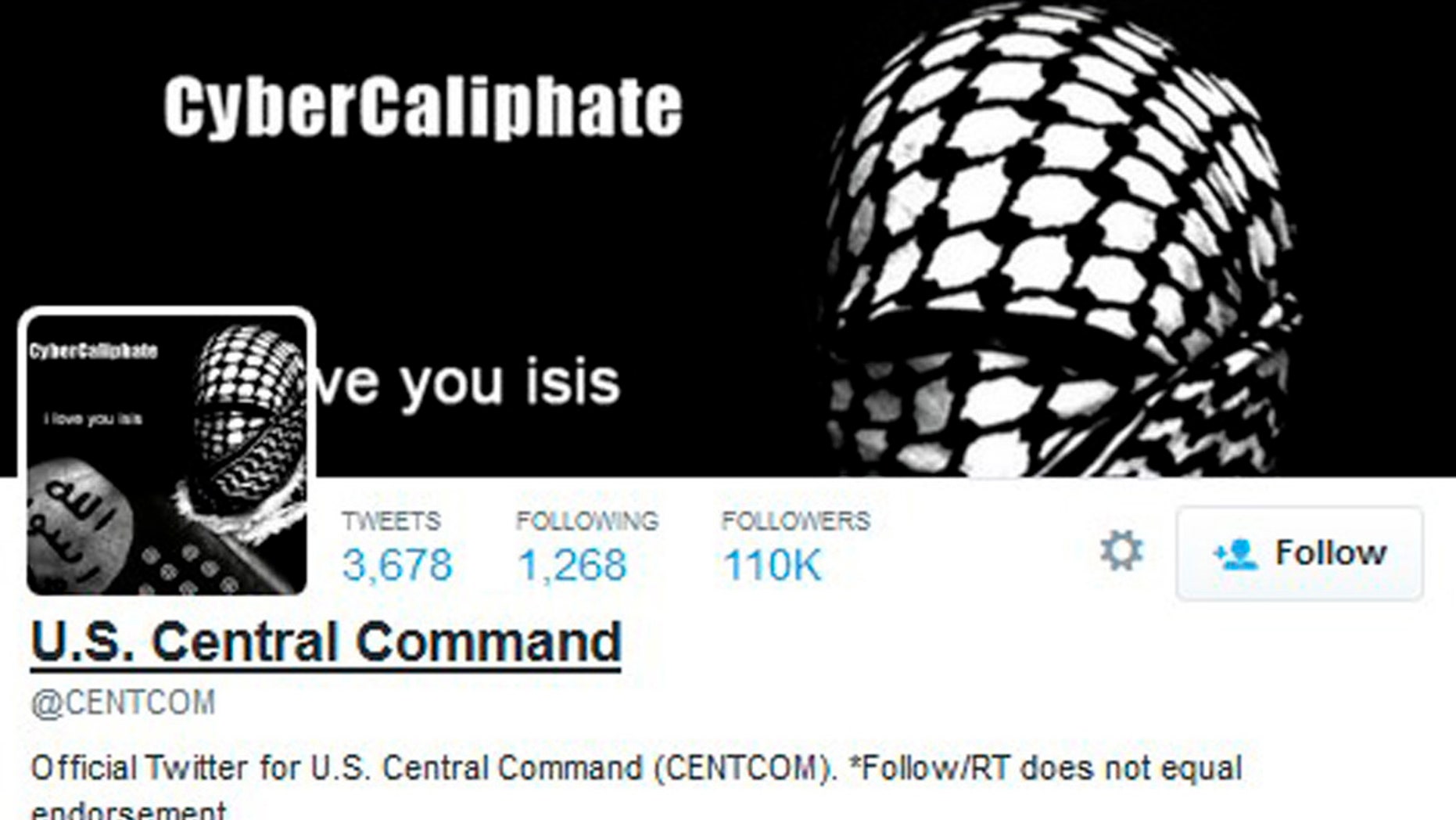 File image - A computer screenshot shows the U.S. Central Command Twitter feed after it was apparently hacked by people claiming to be Islamic State sympathizers Jan.12, 2015.