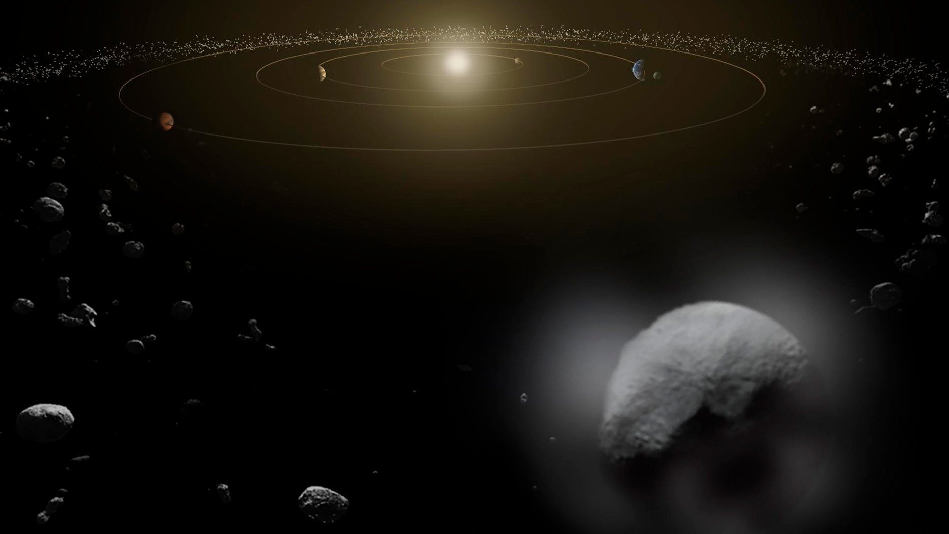 Dwarf planet Ceres is seen in the main asteroid belt, between the orbits of Mars and Jupiter, as illustrated in this undated artist's conception released by NASA.