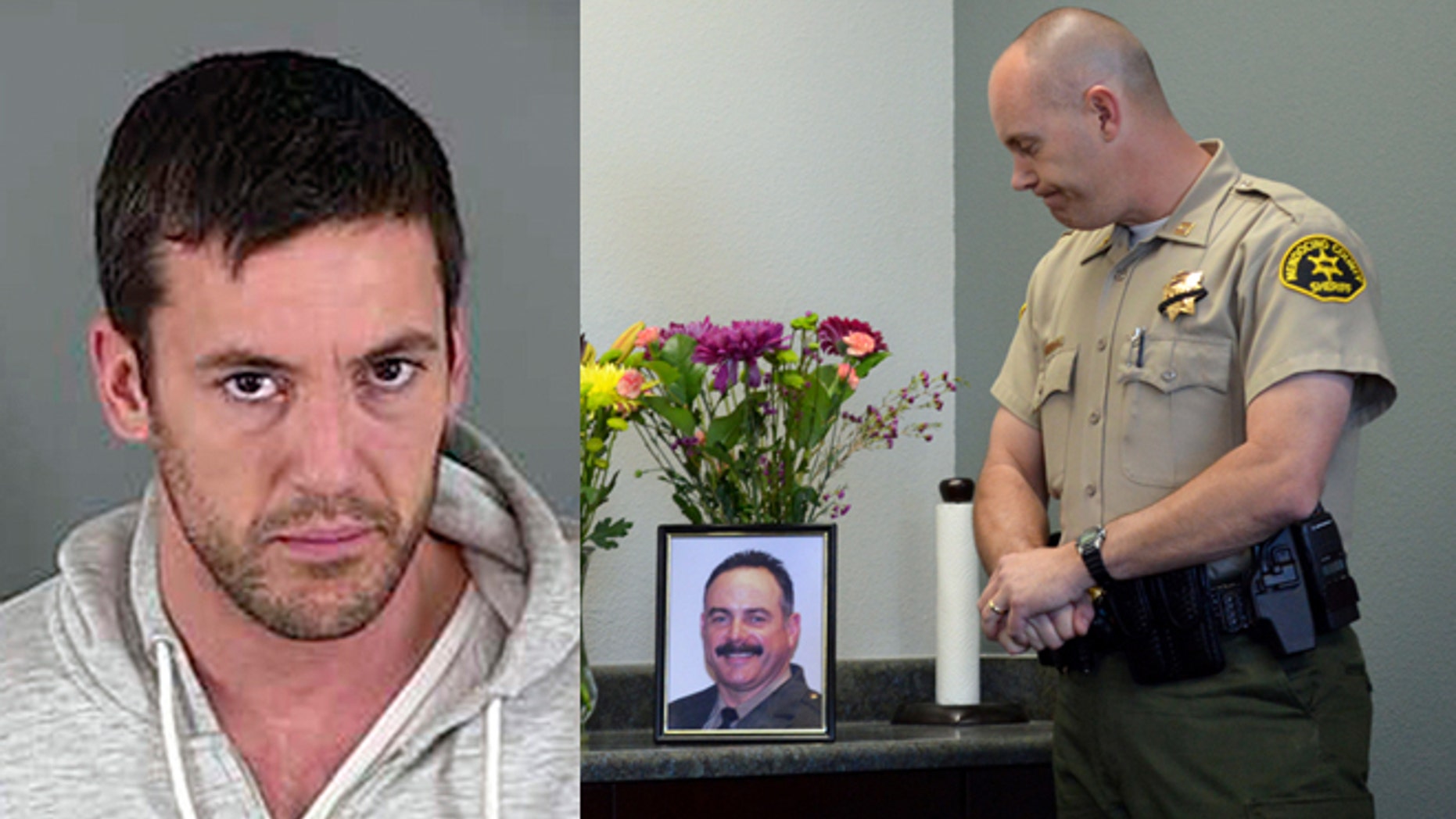 Left: Ricardo Antonio Chaney (AP Photo/Lane County Sheriff's Department). Right: Mendocino Sheriff's Captain Greg Van Patten looks at a photograph of slain Deputy Ricky Del Fiorentino during a March 19, 2014 news conference outside Fort Bragg, Calif. (AP Photo/The Press Democrat, Alvin Jornada)