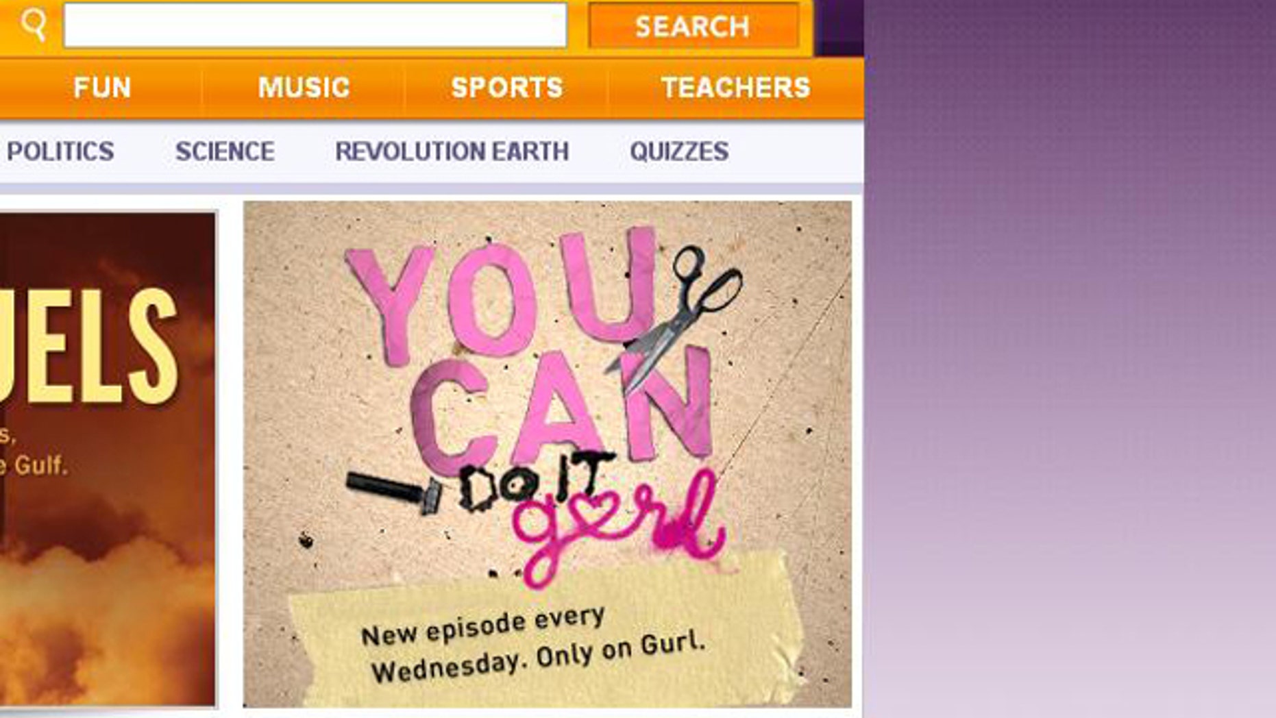 A screengrab taken from the Channel One News website shows a promotion for gURL.com, a site targeting teen girls that features such stories as "Reader Hookup Confession: My BF’s Mom Caught Me Giving Him Oral Sex!"