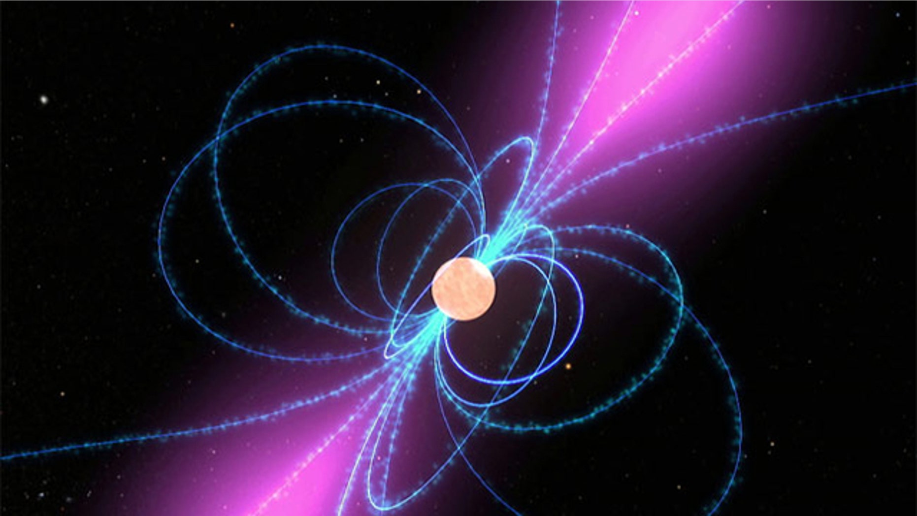 Clouds of charged particles move along a pulsar's magnetic field lines (blue) and create a lighthouse-like beam of gamma rays (purple) in this illustration.