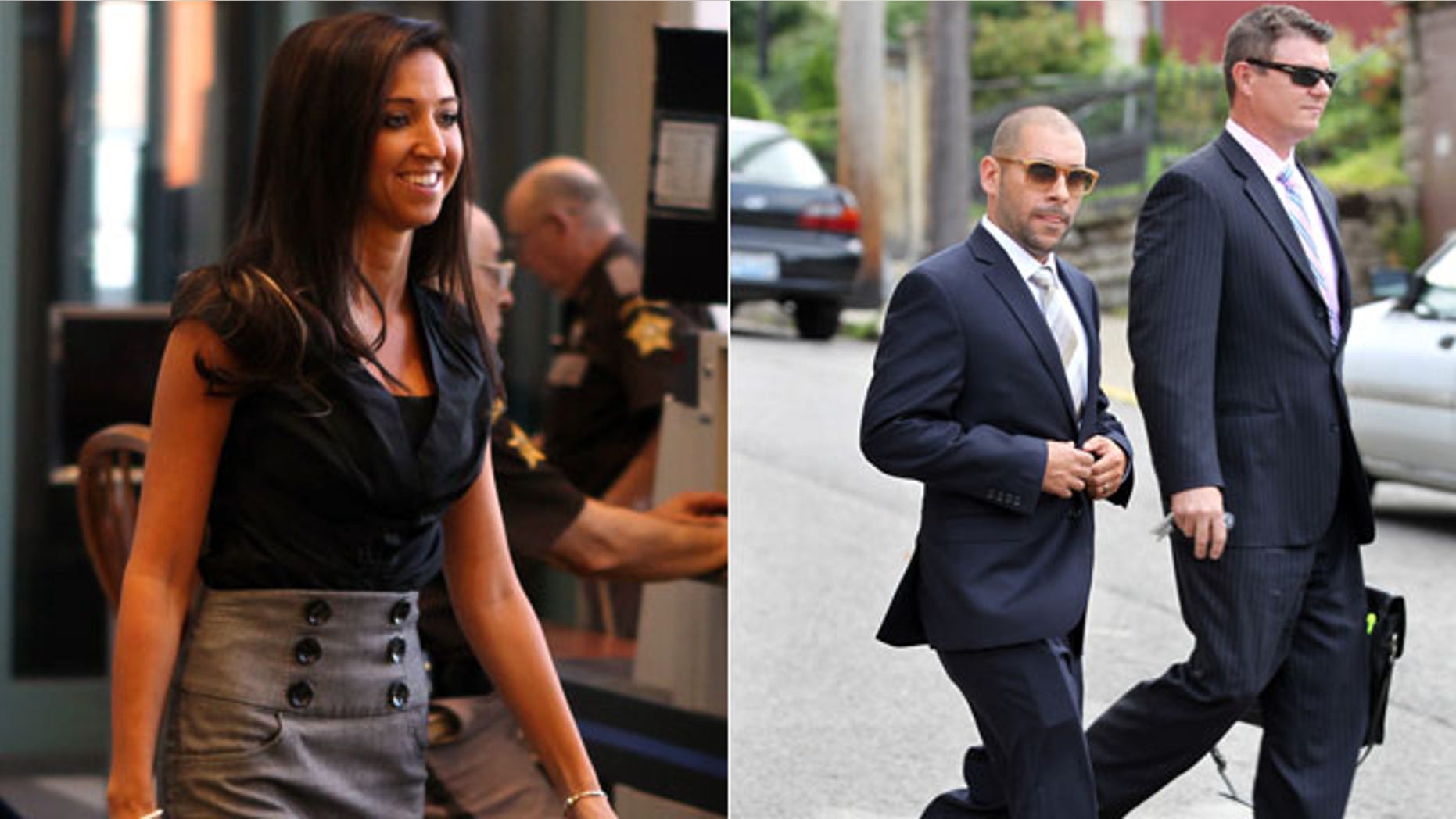These photos show, Sarah Jones (left), a former Dixie Heights High School teacher and Cincinnati Ben-Gal cheerleader; and Nik Richie, owner of the gossip website TheDirty.com, leaving the Federal Courthouse in Covington, Ky., with his lawyer, David Gingra. Jones, who was convicted of having sex with her 17-year-old student three months ago, is suing a controversial Scottsdale, Ariz.-based gossip website and its owner over lewd comments made about her online long before any accusations involving the teenager surfaced. (AP Photos)