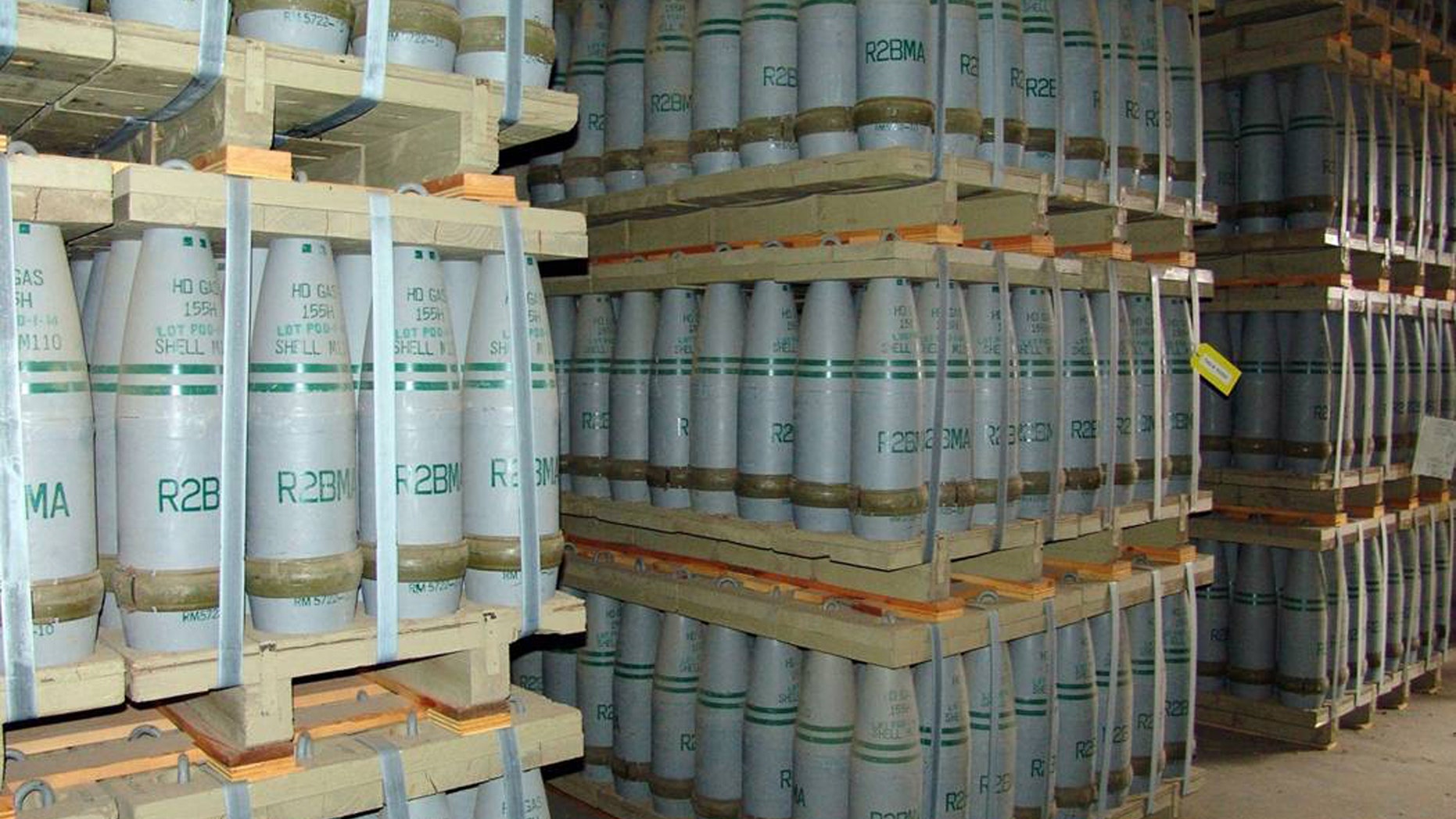 File photo. Mustard gas-filled 155mm projectiles are seen inside a chemical storage igloo, at the Pueblo Chemical Depot in an undated photo provided by the U.S. Army Chemical Materials Activity (CMA) in Pueblo, Colorado.