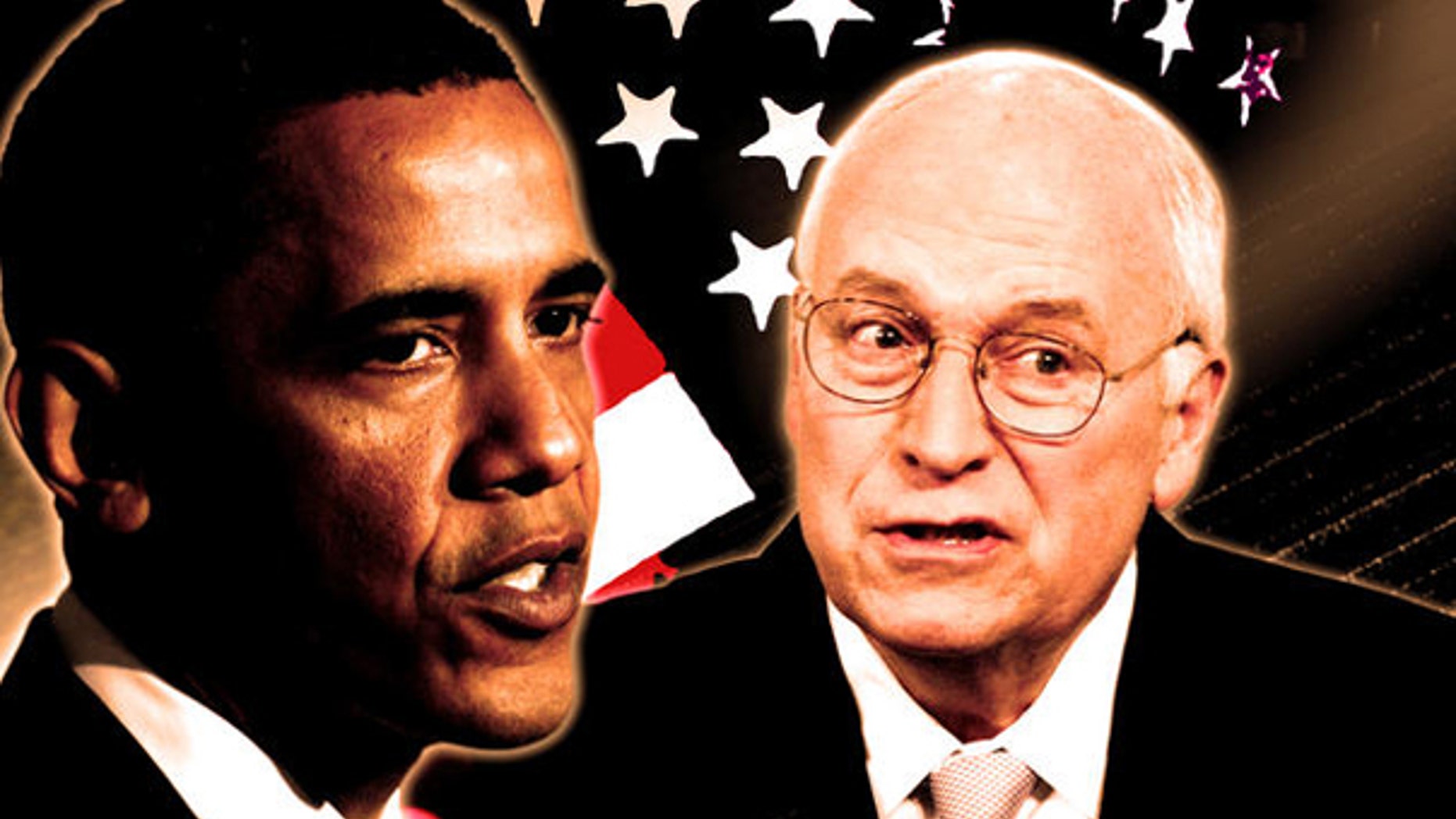 A drawing and partial graphic of President Obama and former Vice President Richard Cheney(AP)