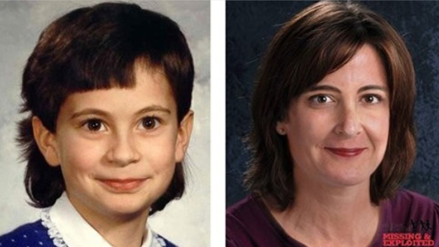 These images provided by The National Center for Missing and Exploited Children show at left, a photograph from 1985 of 8-year-old Cherrie Mahan and, at right, a computer art depiction of an age progression image of how Cherrie Mahan may look today, at 33 years of age (AP).