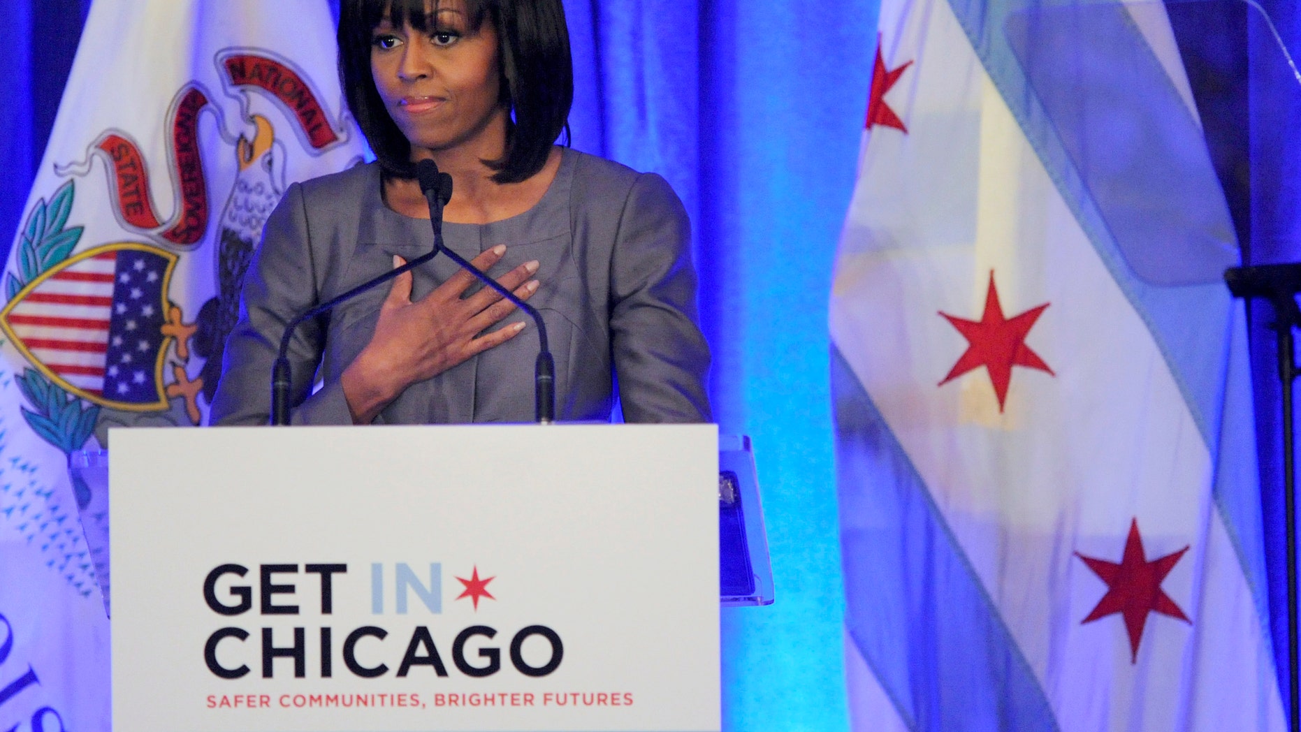 April 10, 2013: First lady Michelle Obama speaks about 15 year-old Hadiya Pendleton who was shot and killed on the south side of Chicago earlier this year, during a luncheon at the Chicago Hilton in Chicago.