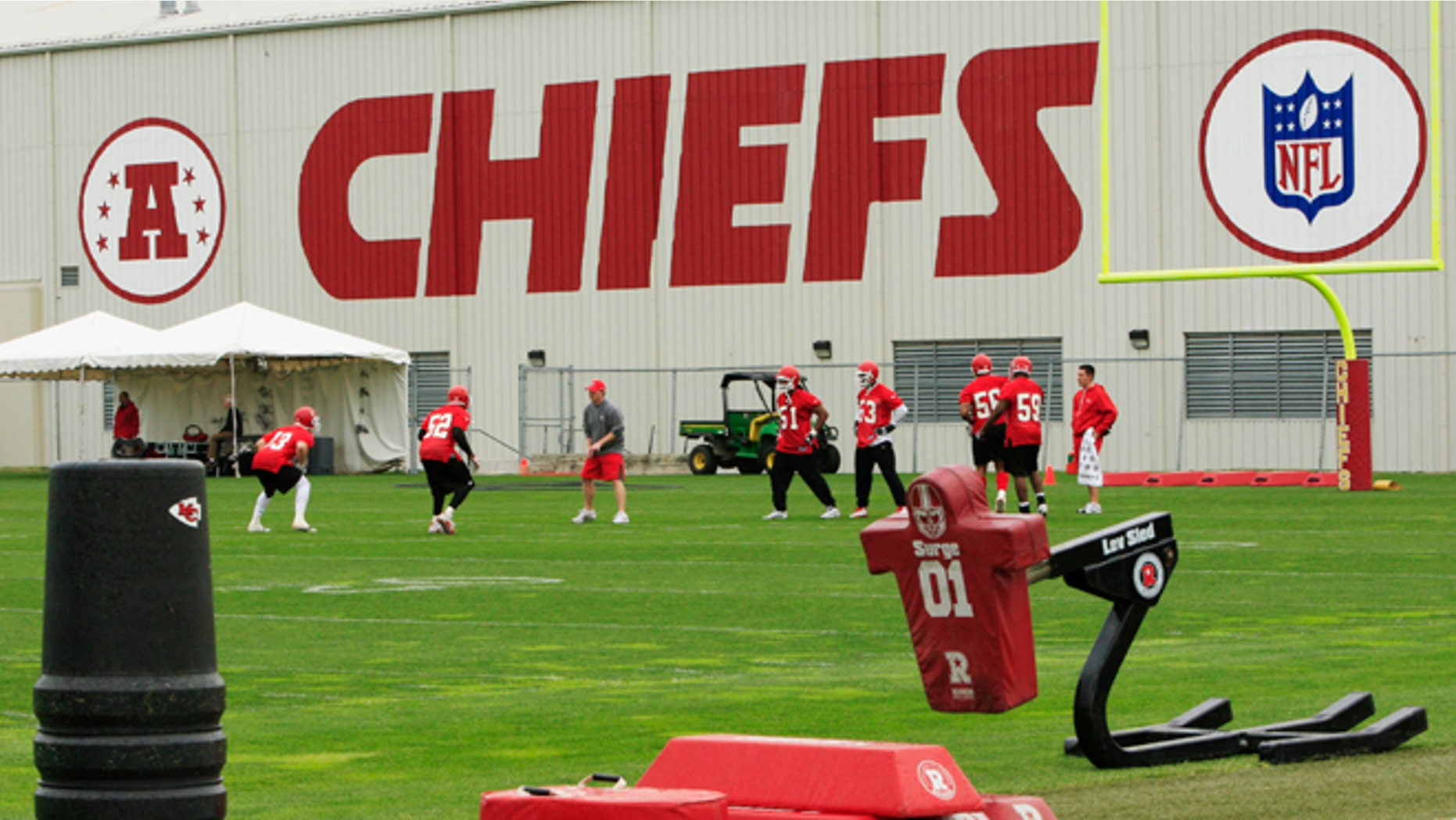 In this Wednesday, May 19, 2010 photo, Kansas City Chiefs football players work out during an NFL football mini camp at the team's practice facility in Kansas City, Mo. Police say a 25-year-old Kansas City Chiefs player was involved in two shootings Saturday, Dec. 1, 2012, one of which occurred in the parking lot near Arrowhead Stadium. (AP Photo/Orlin Wagner)