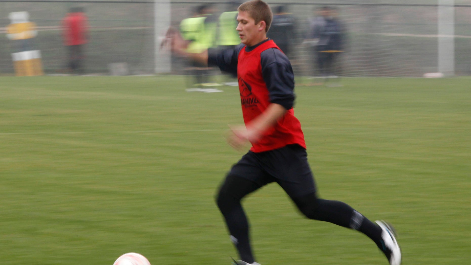 Maxim Molokoedov, trains in Santiago, Chile, Tuesday, July 31, 2012. Molokoedov, a Russian serving time for drug trafficking, is walking out of his prison cell ready to hit the pitch wearing the jersey of his professional soccer team. The newest star of Chiles second division Santiago Morning is being given a second shot at life through soccer, two years after he was arrested carrying six kilos of cocaine that he planned to smuggle to Europe. (AP Photo/Alvaro Duran-Las Ultimas Noticias)
