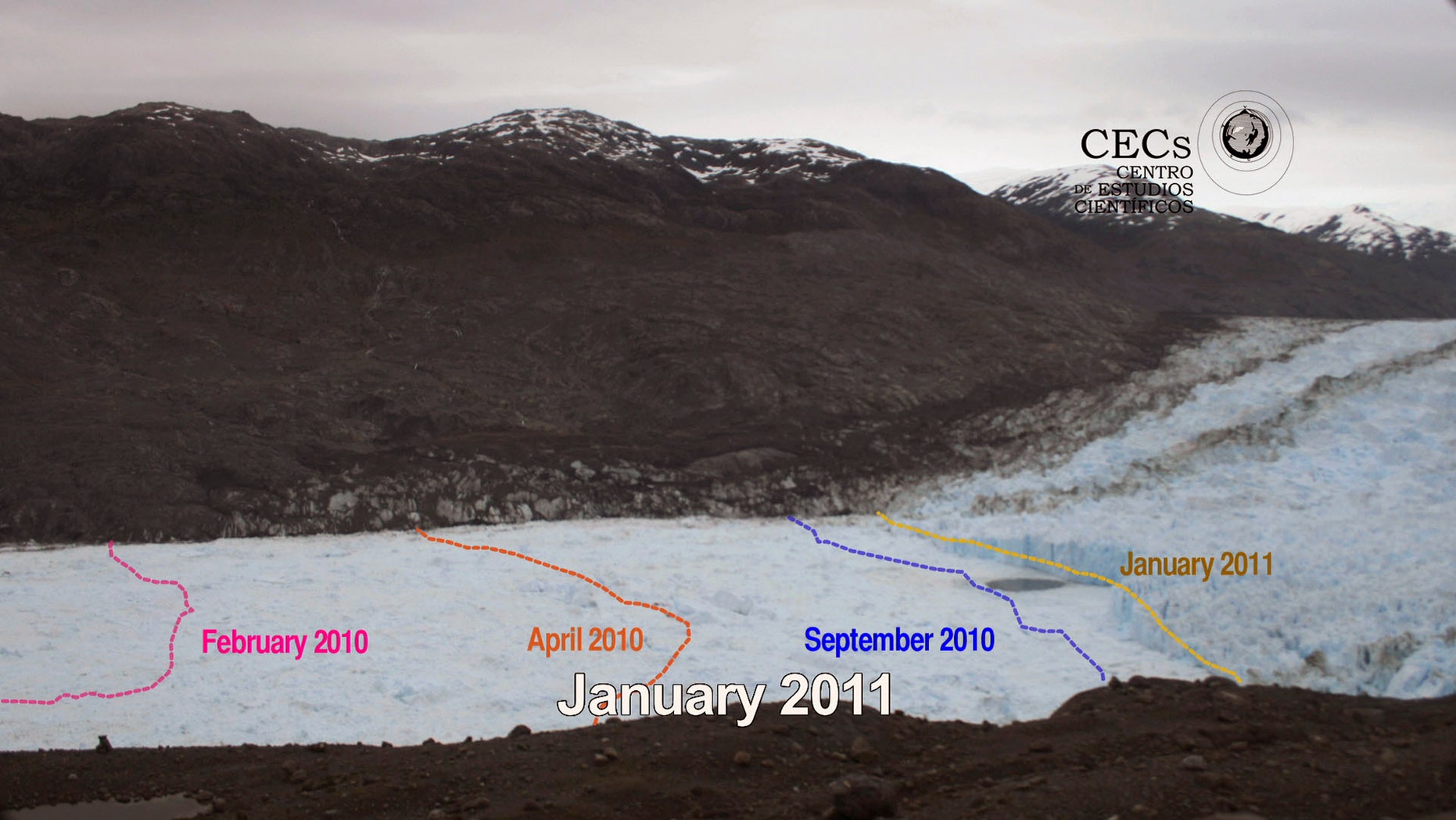 This photo grab taken form a video released by the private organization "Centro de Estudios Cientificos", CECs, shows the retreat of the Jorge Montt glacier in Chile's Patagonia in a year period. The pink line shows where the glacier stood in Feb. 2010, the orange line shows where it stood in April 2010, the blue one where the glacier was in Sept. 2010, and the yellow one shows the glacier's limit in Jan. 2011.