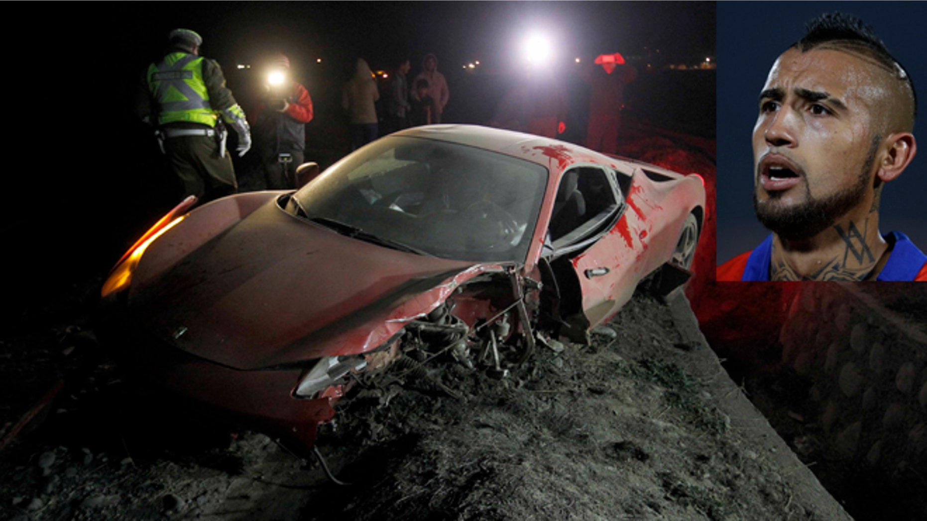Arturo Vidal's wrecked vehicle after he crashed it near Santiago, Chile, Tuesday, June 16, 2015.