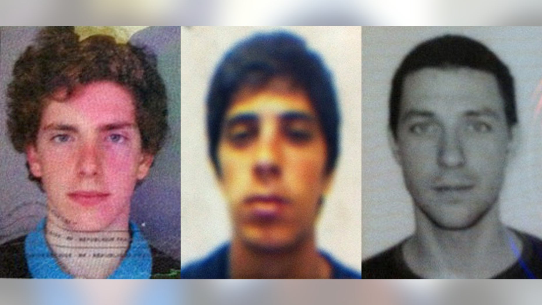 This combination of passport photos provided by Chile's ONEMI or regional emergency office, shows from left to right, Gillhem Bellon, 25, of France; Luca Ogliengo, 25, of Italy; and Dmitry Sivenkov, 32, of Russia, three European tourists hiking around the Villarica volcano in Chile's central valley, who haven't been heard from since Wednesday evening, Nov. 7, 2012 .