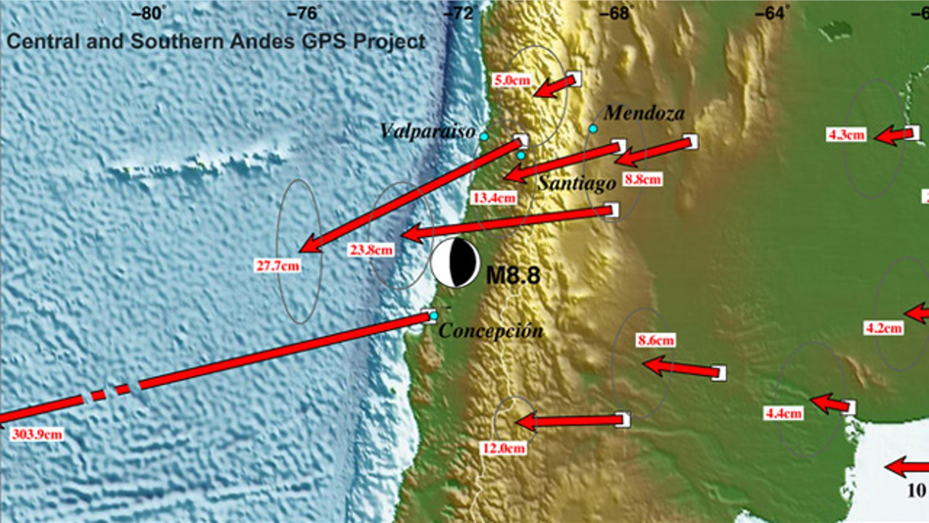 A preliminary map reveals Significant displacements as far east as Buenos Aires, Argentina and as far north as the Chilean border with Peru, thanks to the massive earthquake.