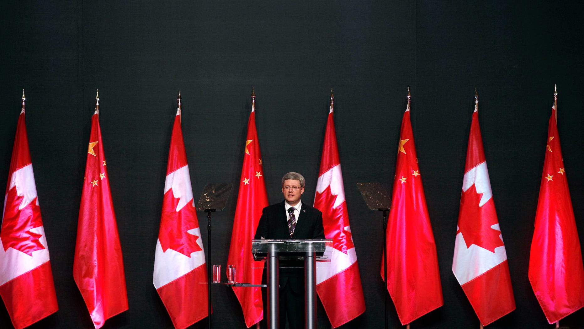 Feb. 10, 2012: Canadian Prime Minister Stephen Harper delivers his speech in Guangzhou, China.