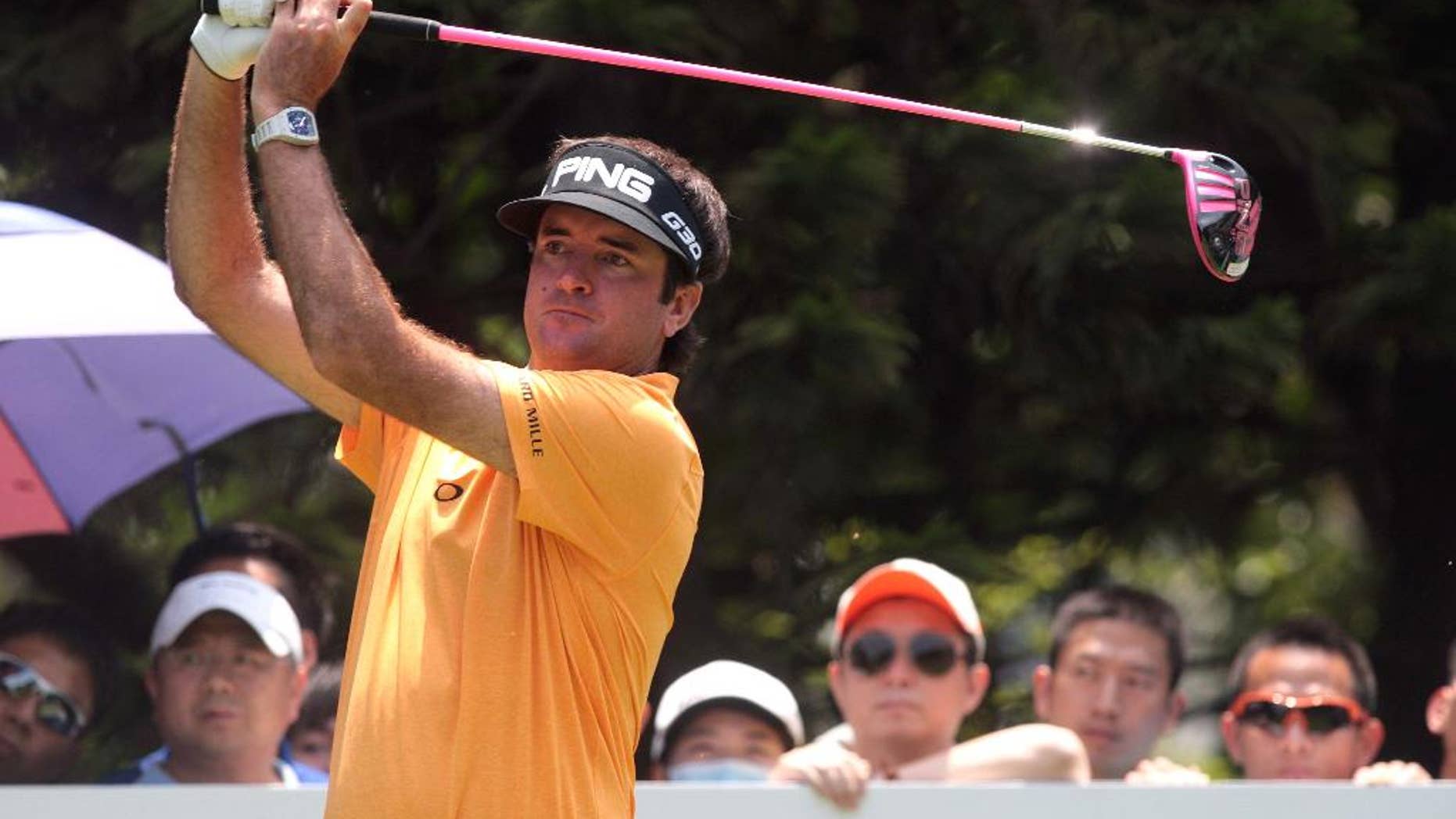 Bubba Watson competes during the first round of the Shenzhen International golf tournament at Genzon Golf Club in Shenzhen in southern China's Guangdong Province, Thursday, April 16, 2015. (Chinatopix Via AP) CHINA OUT