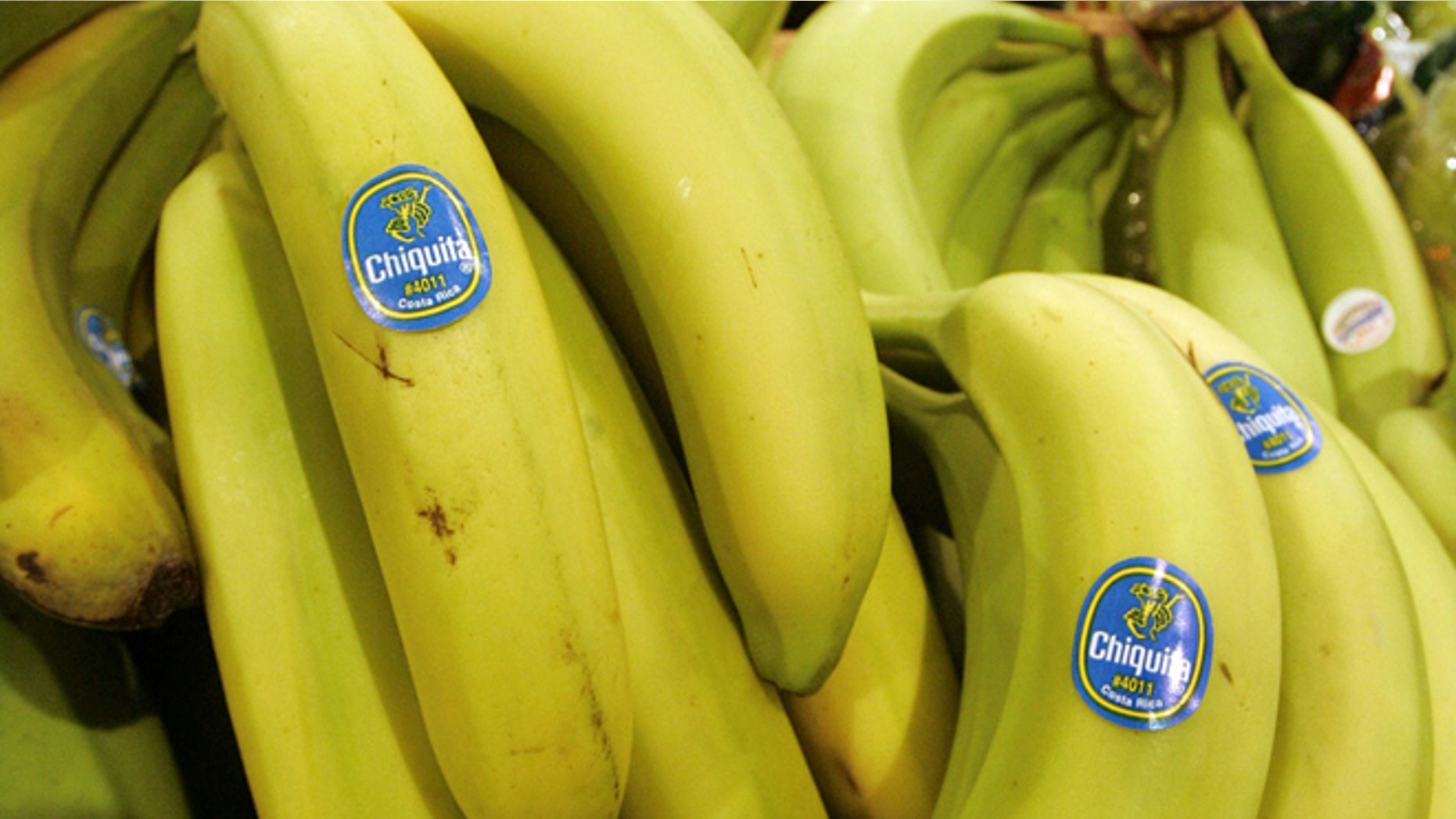 FILE - In this Aug. 3, 2005 file photo, Chiquita bananas are on display at a grocery store in Bainbridge, Ohio. Chiquita Brands on Monday, Aug. 11, 2014 received an approximately $611 million buyout offer from investment firm Safra Group and agribusiness and juice company Cutrale Group. (AP Photo/Amy Sancetta, File)