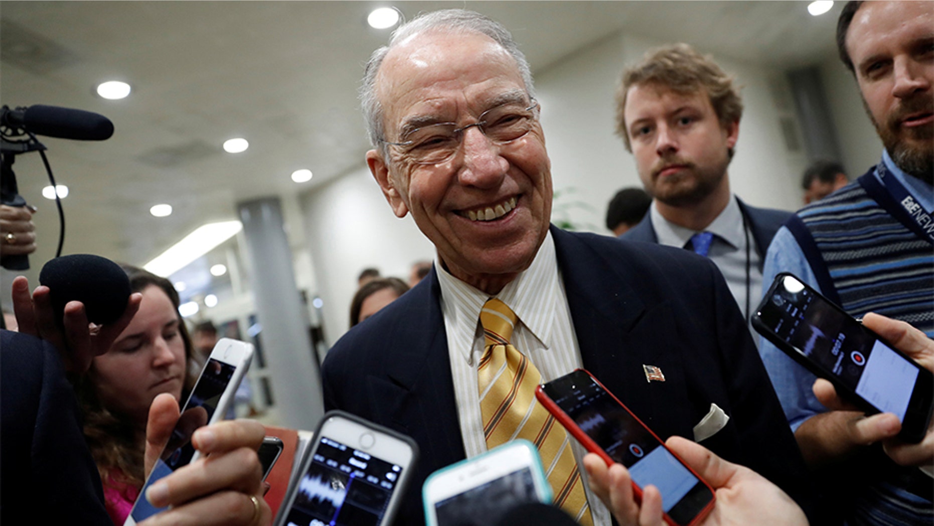 Sen. Chuck Grassley (R-IA) speaks with reporters ahead of the party luncheons on Capitol Hill in Washington, U.S. November 14, 2017.