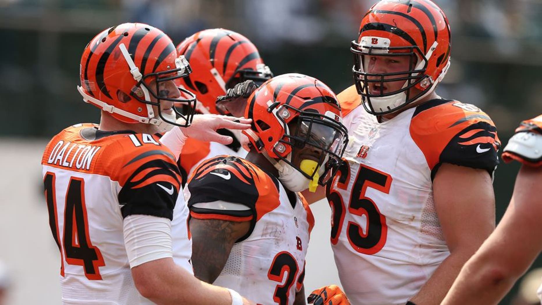 OAKLAND, CA - SEPTEMBER 13: Jeremy Hill #32 of the Cincinnati Bengals celebrates his second touchdown with Andy Dalton #14 and Clint Boling #65 in the first half of their NFL game against the Oakland Raiders at O.co Coliseum on September 13, 2015 in Oakland, California. (Photo by Ezra Shaw/Getty Images)