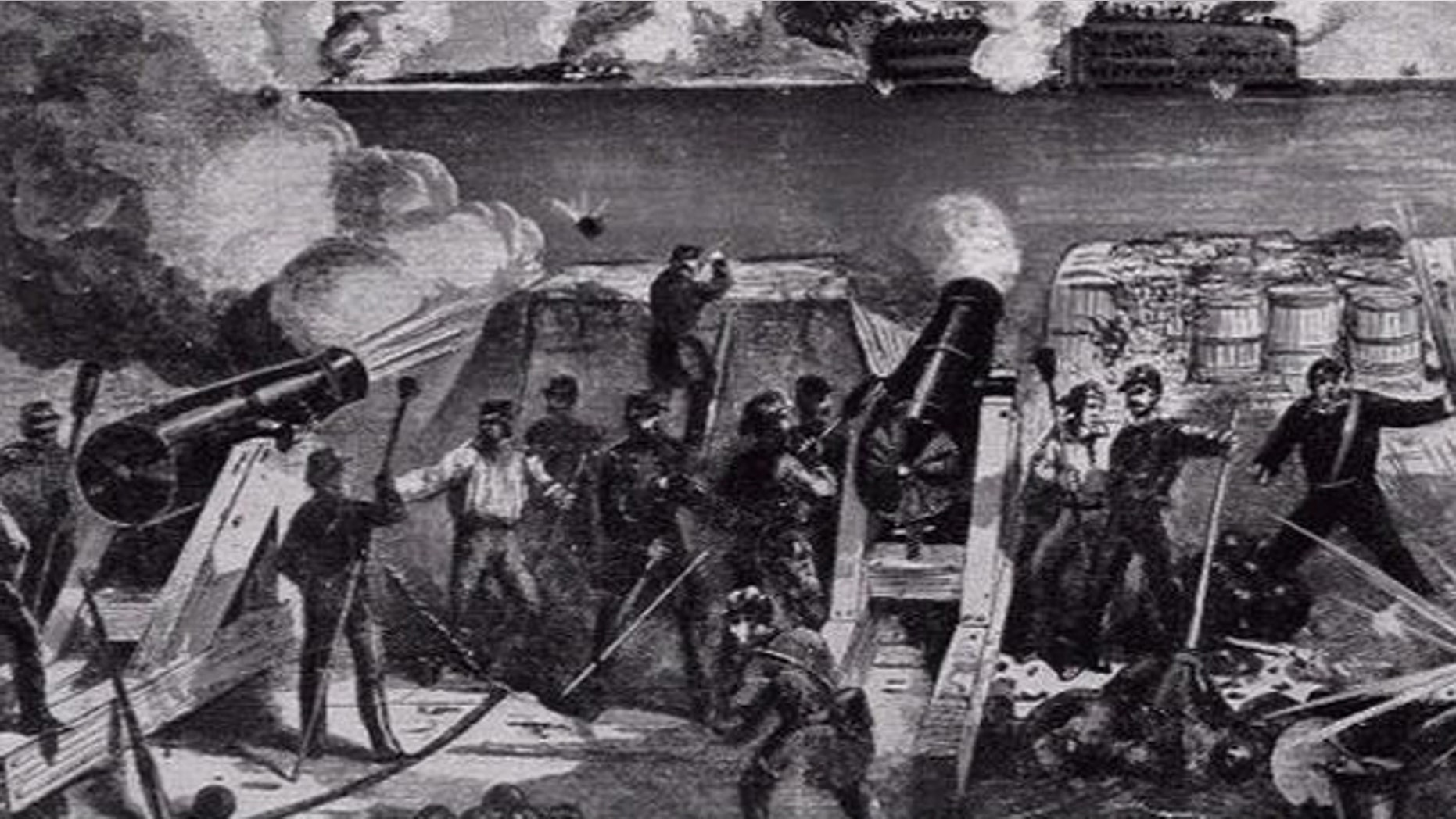 A black and white etching depicts Confederate soldiers fire on Fort Sumpter, beginning the U.S. Civil War.