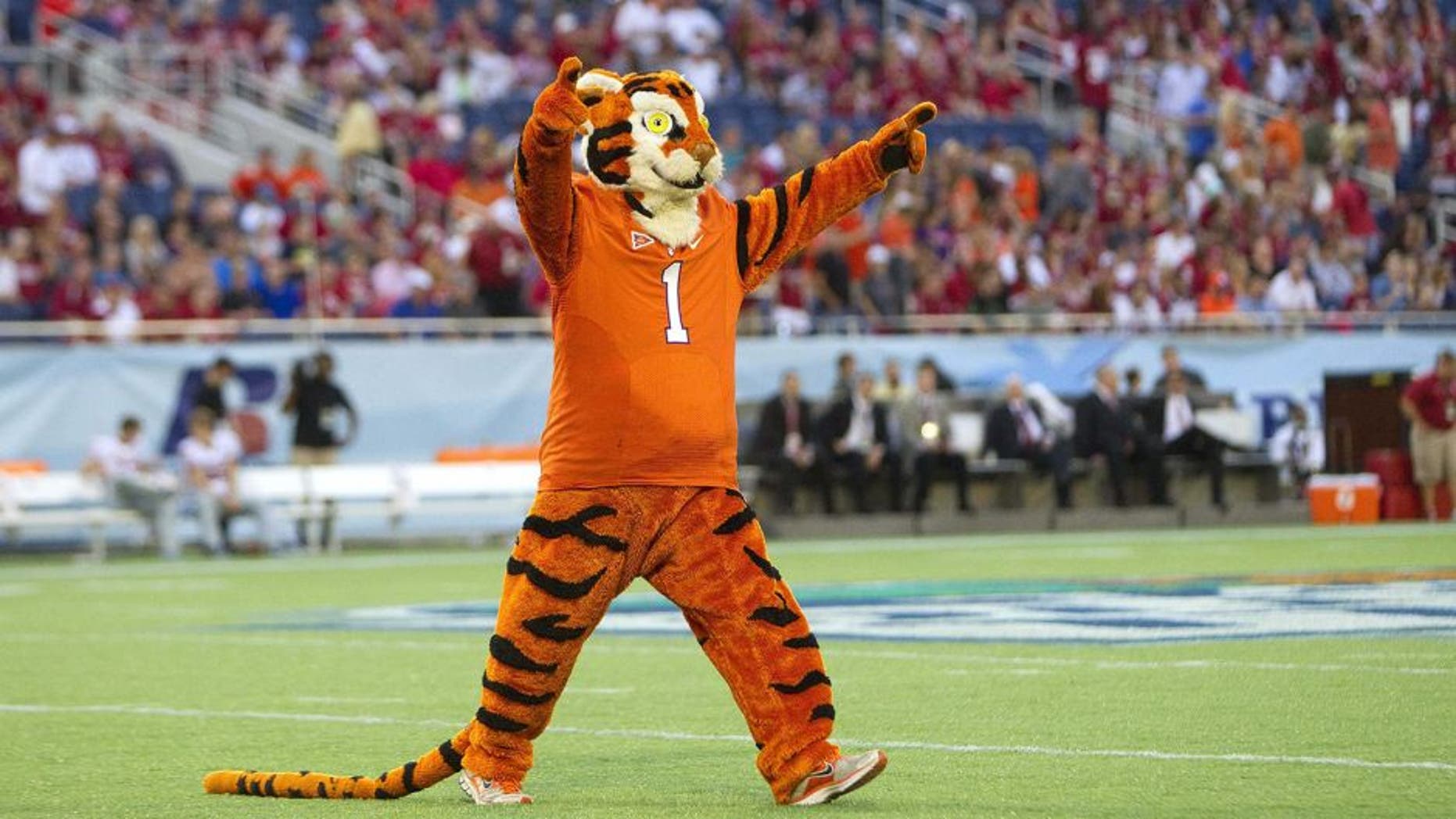 Dec 29, 2014; Orlando, FL, USA; Clemson Tigers mascot prior to the game against the Oklahoma Sooners in the 2014 Russell Athletic Bowl at Florida Citrus Bowl. Mandatory Credit: Joshua S. Kelly-USA TODAY Sports
