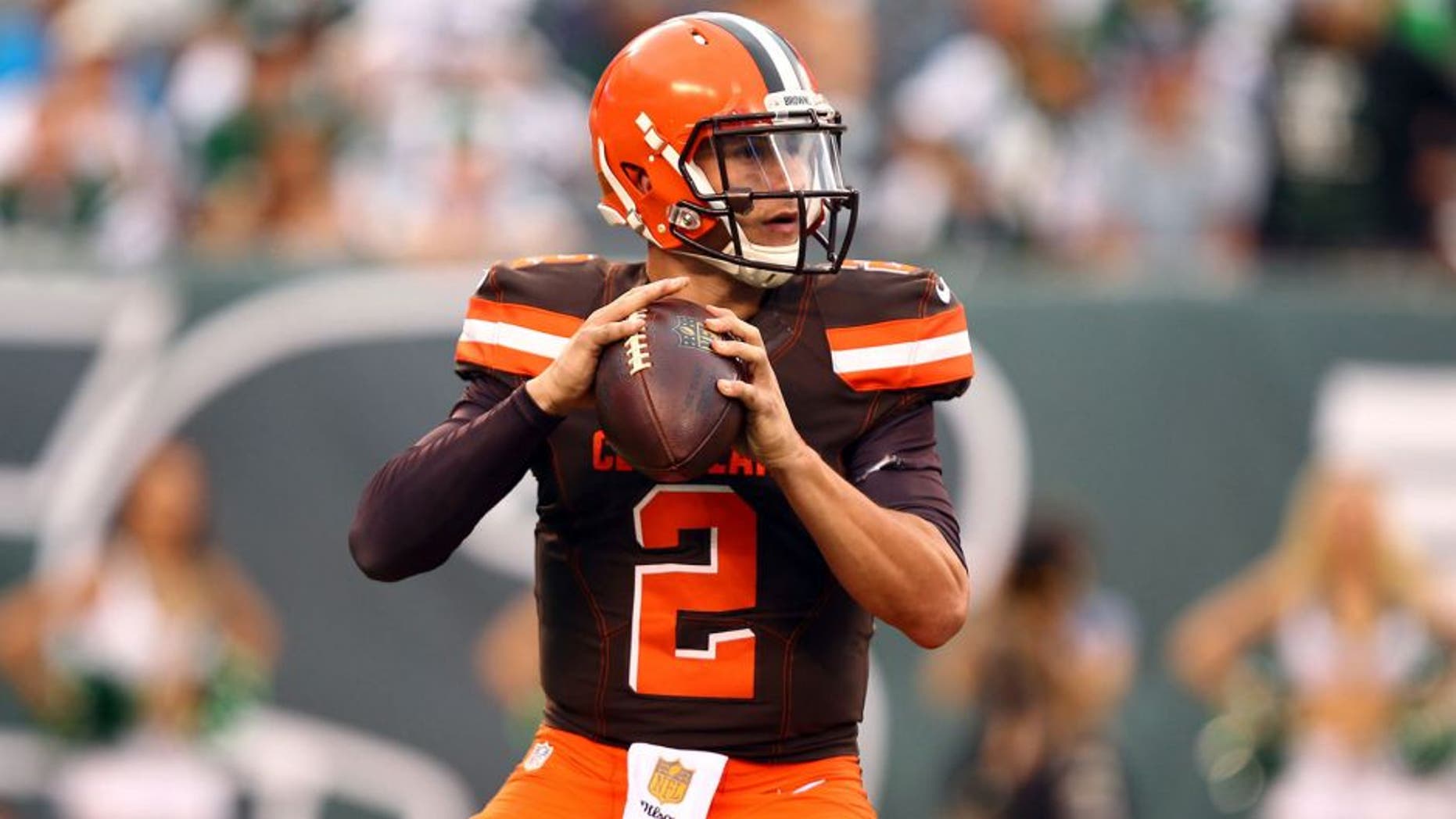 Sep 13, 2015; East Rutherford, NJ, USA; Cleveland Browns quarterback Johnny Manziel (2) looks to throw against the New York Jets during the second half at MetLife Stadium. Mandatory Credit: Danny Wild-USA TODAY Sports