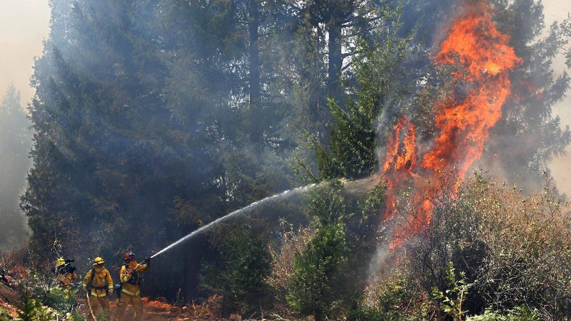FILE - In this Sept. 17, 2014 file photo, firefighters battle the flames from the King fire near Fresh Pond, Calif. New scientific analysis shows the fingerprints of manmade climate change on 14 extreme weather events in 2014, hitting every continent but Antarctica. Dozens of scientists from the National Oceanic and Atmospheric Administration and across the world intricately examined 28 strange weather conditions last year to see if global warming partly increased their likelihood or their strength. In a 180-page peer-reviewed report, the scientists spotted some effects of climate change in half of them. (AP Photo/Rich Pedroncelli, File)
