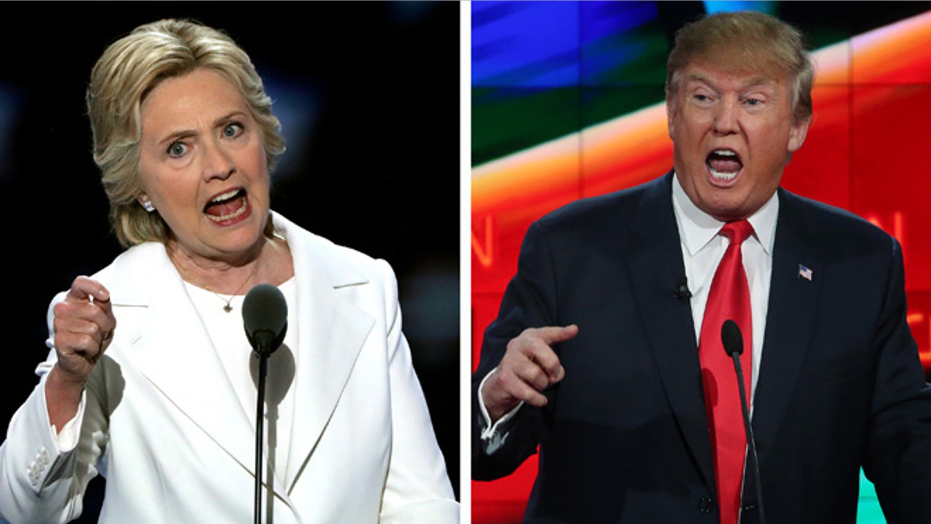(FILE PHOTO) In this composite image a comparison has been made between former US Presidential Candidates Hillary Clinton (L) and Donald Trump. ***LEFT IMAGE*** PHILADELPHIA, PA - JULY 28: Democratic presidential candidate Hillary Clinton delivers remarks during the fourth day of the Democratic National Convention at the Wells Fargo Center, July 28, 2016 in Philadelphia, Pennsylvania. Democratic presidential candidate Hillary Clinton received the number of votes needed to secure the party's nomination. An estimated 50,000 people are expected in Philadelphia, including hundreds of protesters and members of the media. The four-day Democratic National Convention kicked off July 25. (Photo by Alex Wong/Getty Images) ***RIGHT IMAGE*** LAS VEGAS, NV - DECEMBER 15: Republican presidential candidate Donald Trump during the CNN Republican presidential debate on December 15, 2015 in Las Vegas, Nevada. This is the last GOP debate of the year, with U.S. Sen. Ted Cruz (R-TX) gaining in the polls in Iowa and other early voting states and Donald Trump rising in national polls. (Photo by Justin Sullivan/Getty Images)