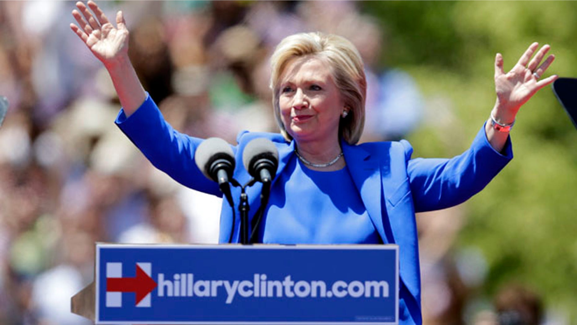 Saturday, June 13, 2015: Hillary Clinton, on Roosevelt Island, speaking at her formal presidential campaign launch, New York, N.Y.