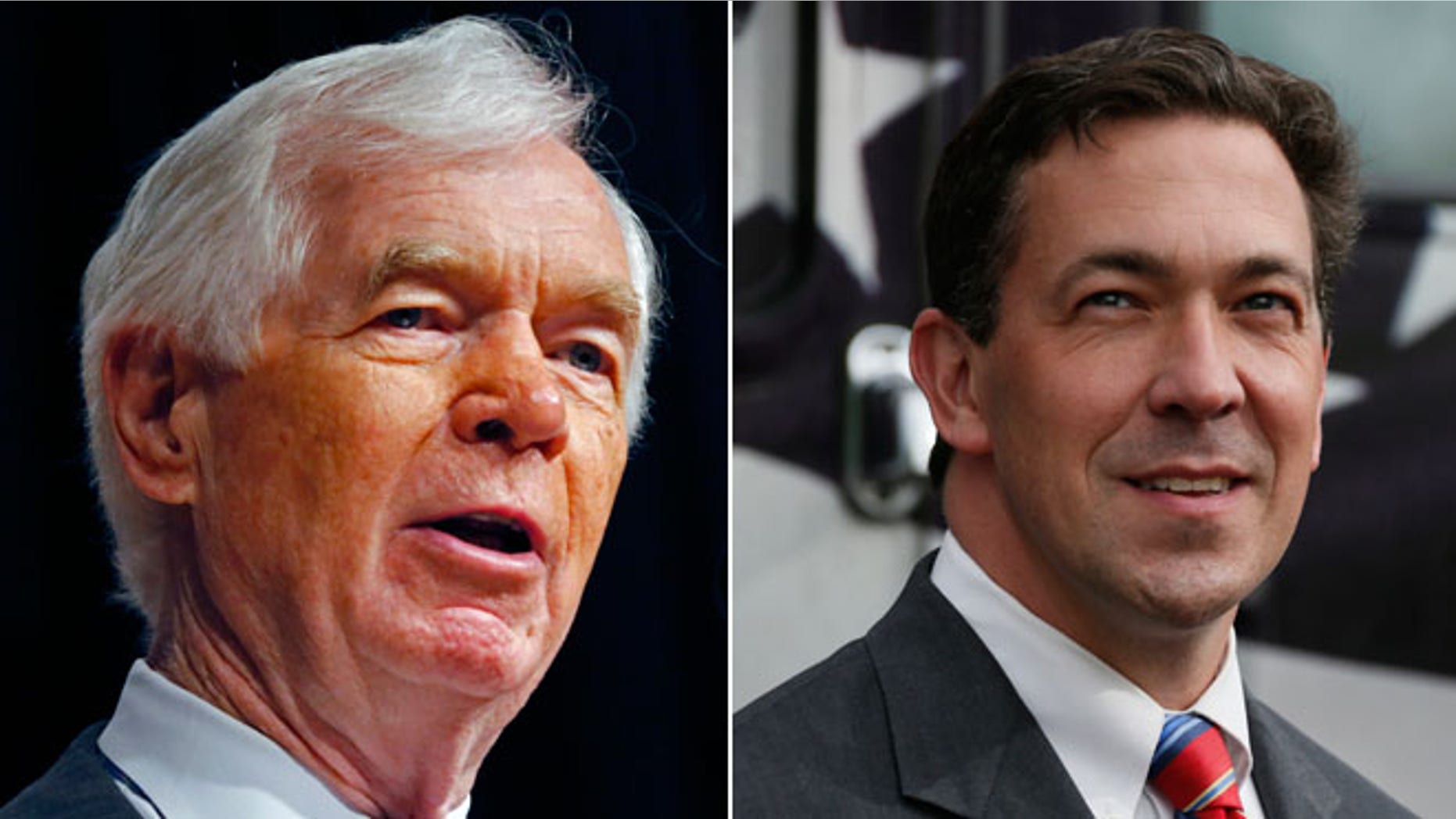 Mississippi Republican candidate, Sen. Thad Cochran speaks at the Mississippi War Memorial in Jackson, Miss., and State Sen. Chris McDaniel, R-Ellisville, prior to speaking at a rally on his behalf in Flowood, Miss., Monday, June 23, 2014.