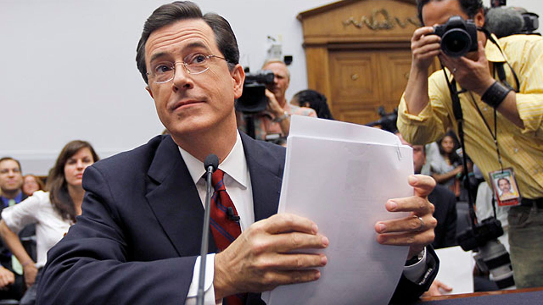 Sept. 24, 2010: Comedian Stephen Colbert prepares to testify on Capitol Hill before the House Immigration, Citizenship, Refugees, Border Security and International Law subcommittee hearing on Protecting America's Harvest (AP).