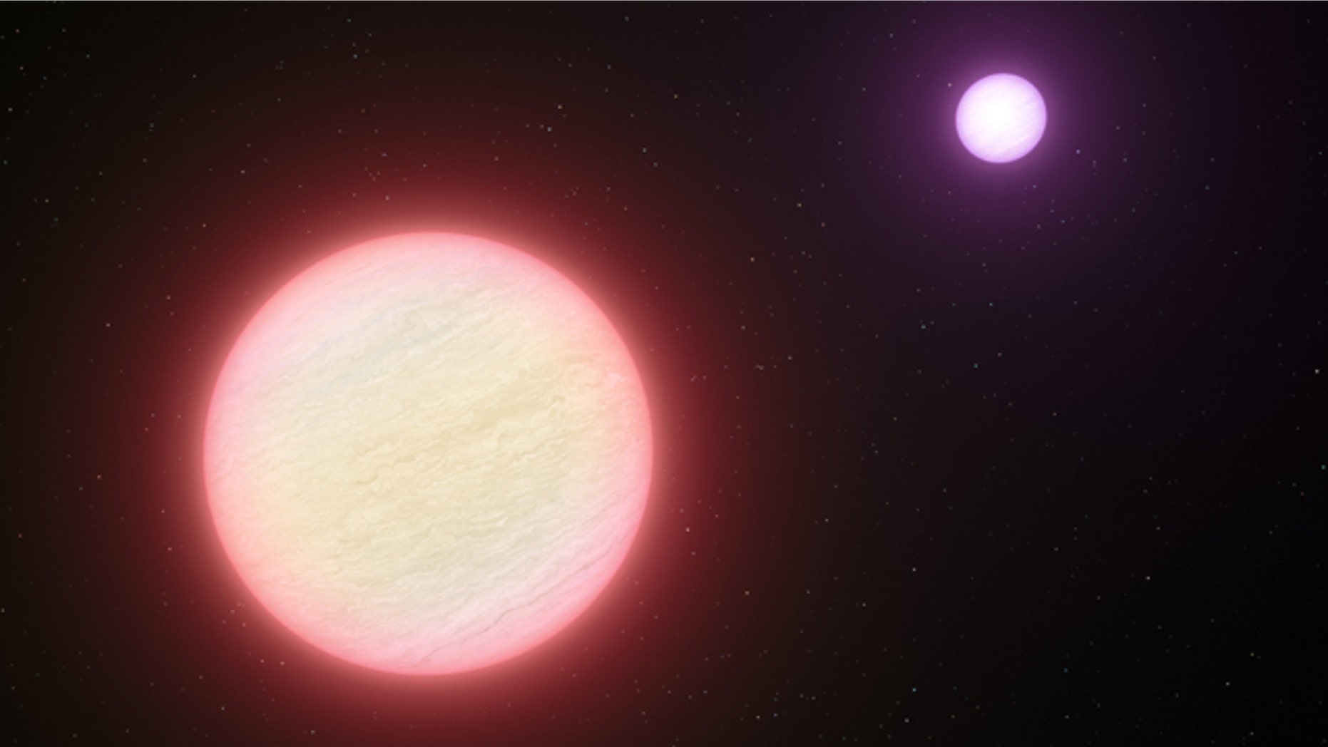 This artists impression shows the pair of brown dwarfs named CFBDSIR 1458+10. Observations with ESOs Very Large Telescope and two other telescopes have shown that this pair is the coolest pair of brown dwarfs found so far. The two components are both about the same size as the planet Jupiter.