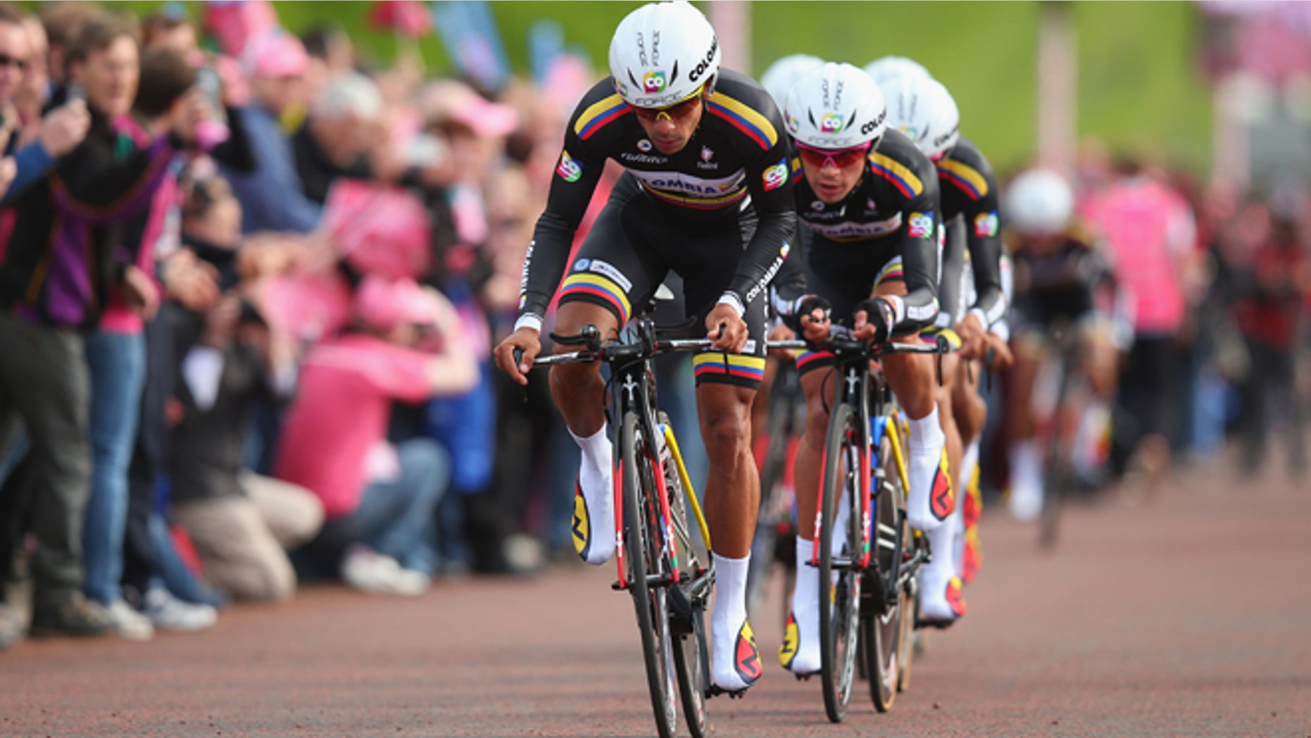 Team Colombia during the first stage of the 2014 Giro d'Italia in Belfast, Northern Ireland.