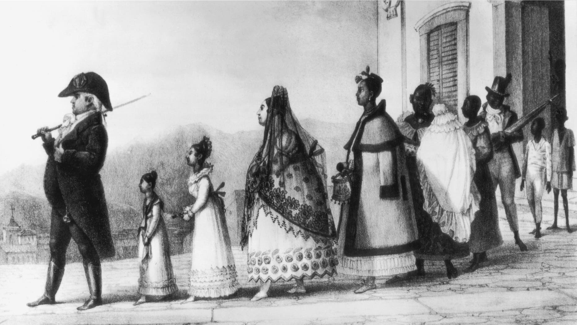 Portuguese settlers in Brazil, circa 1820. A civil servant takes his family for a stroll in Rio de Janeiro. From 'Voyage Pittoresque et Historique au Bresil' by Jean-Baptiste Debret. (Photo by Hulton Archive/Getty Images)
