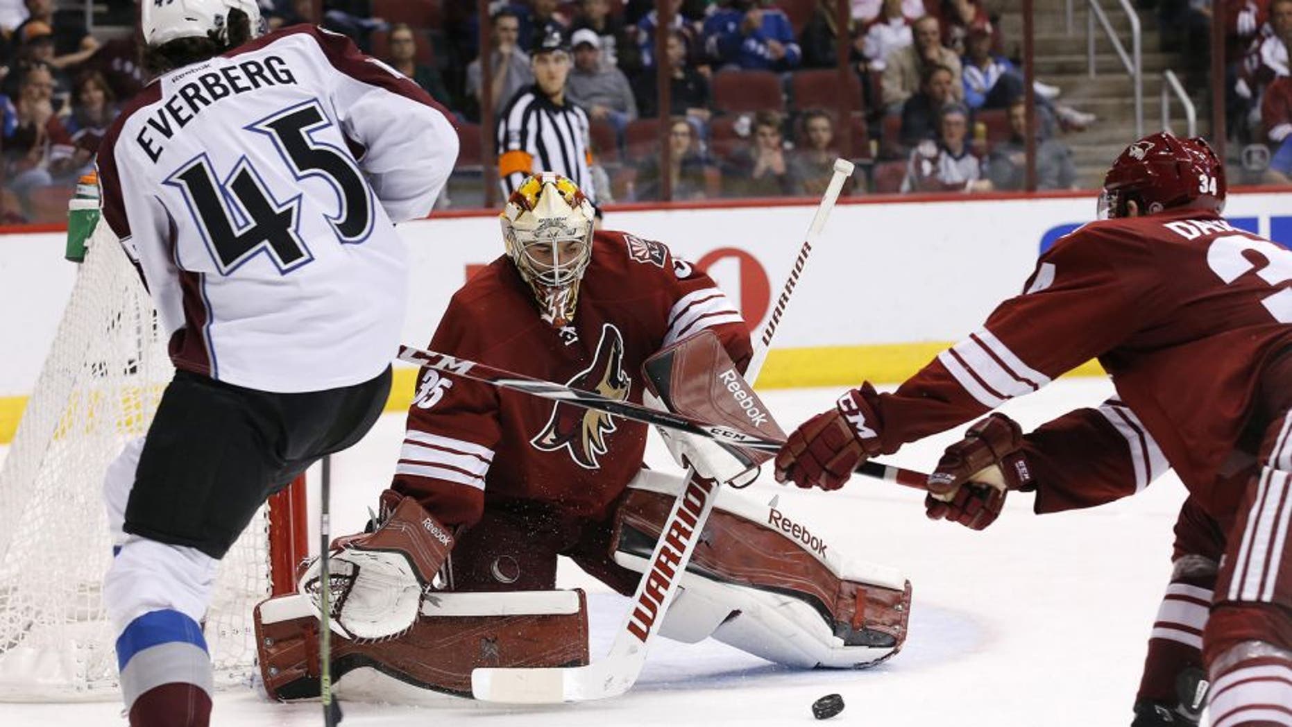 Colorado Avalanche's Dennis Everberg (45), of Sweden, passes the puck past Arizona Coyotes' Louis Domingue (35) as Coyotes' Klas Dahlbeck (34), of Sweden, during the third period of an NHL hockey game Thursday, March 19, 2015, in Glendale, Ariz. The Avalanche defeated the Coyotes 5-2. (AP Photo/Ross D. Franklin)