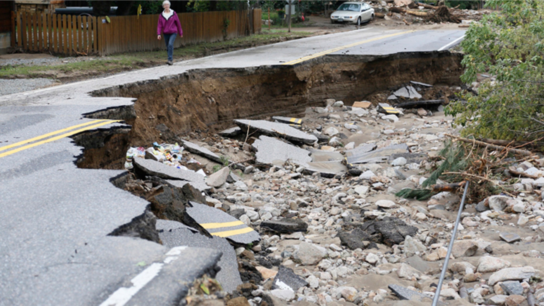 This September 14, 2013 photos shows a flood-destroyed Main Street in Jamestown, Colorado.