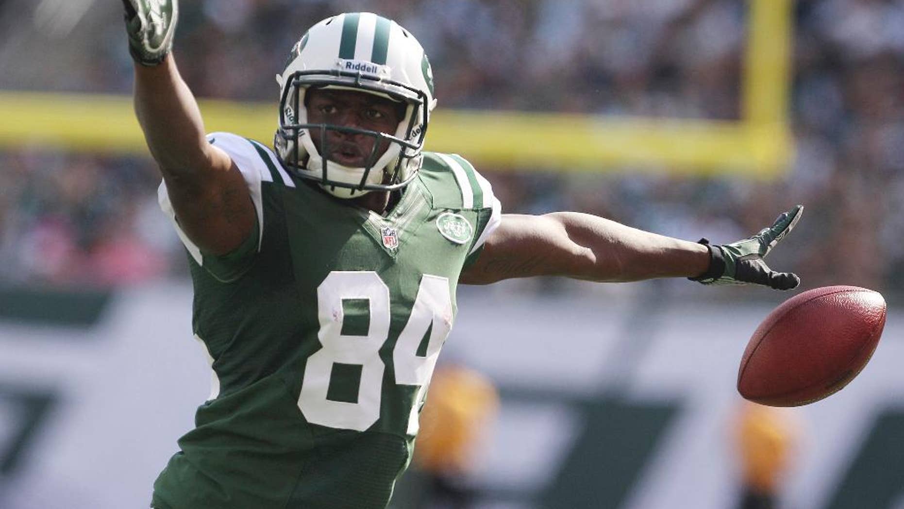 This Oct. 14, 2012 photo, New York Jets wide receiver Stephen Hill (84) celebrates after making a first down during the first half of an NFL football game against the Indianapolis Colts in East Rutherford, N.J. Hill, who has dealt with injuries and inconsistent play, is in the competition to be a starter for the Jets and has had a pretty good camp. He caught a few touchdown passes in practice Friday and coach Rex Ryan says "it's coming" for Hill. (AP Photo/Seth Wenig)