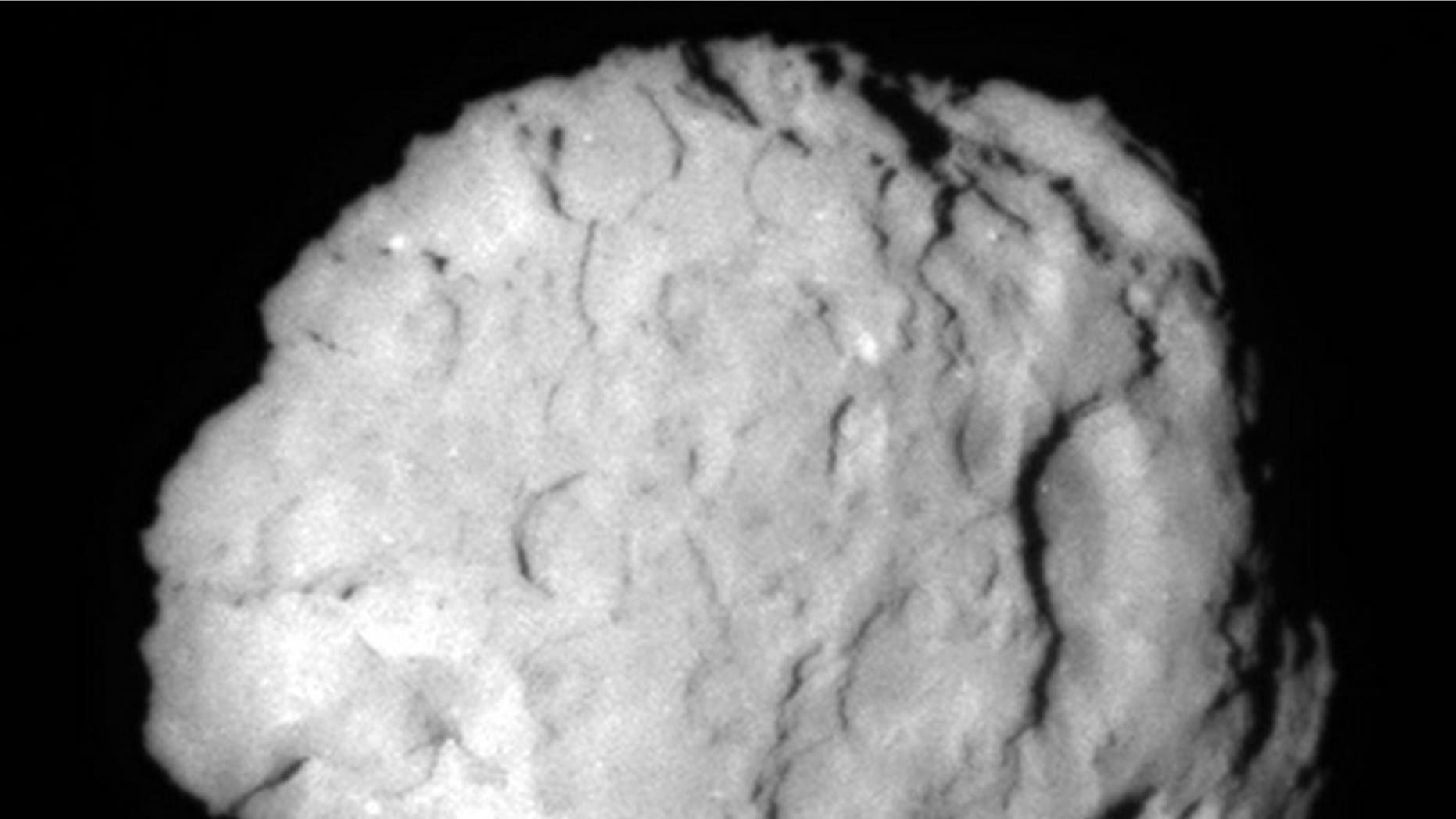 The Stardust spacecraft flew by Comet Wild 2 on Jan. 2, 2004. This image is the closest short exposure of the comet.