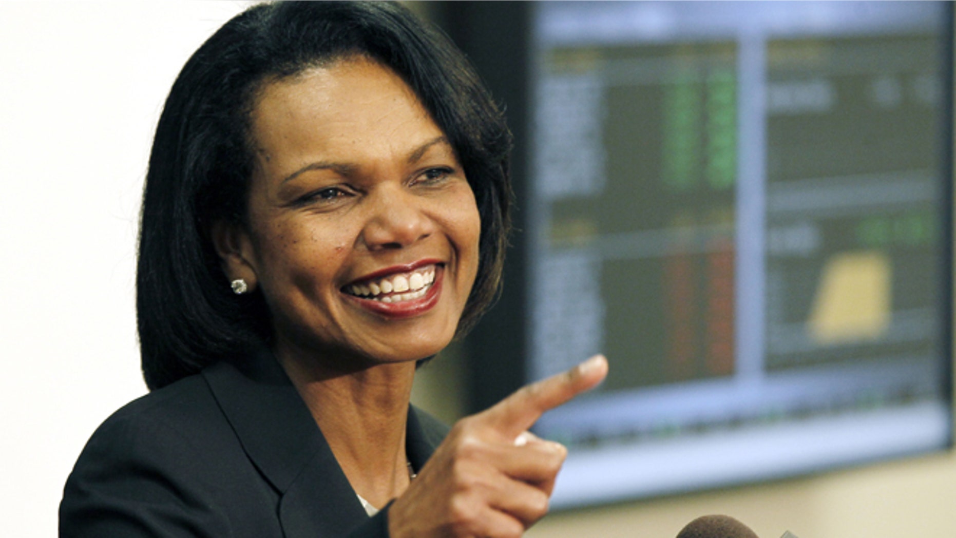 April 17, 2012: Former Secretary of State Condoleezza Rice answers questions from reporters about the issues she discussed with business students during a private presentation to them at Mississippi College in Clinton, Miss.