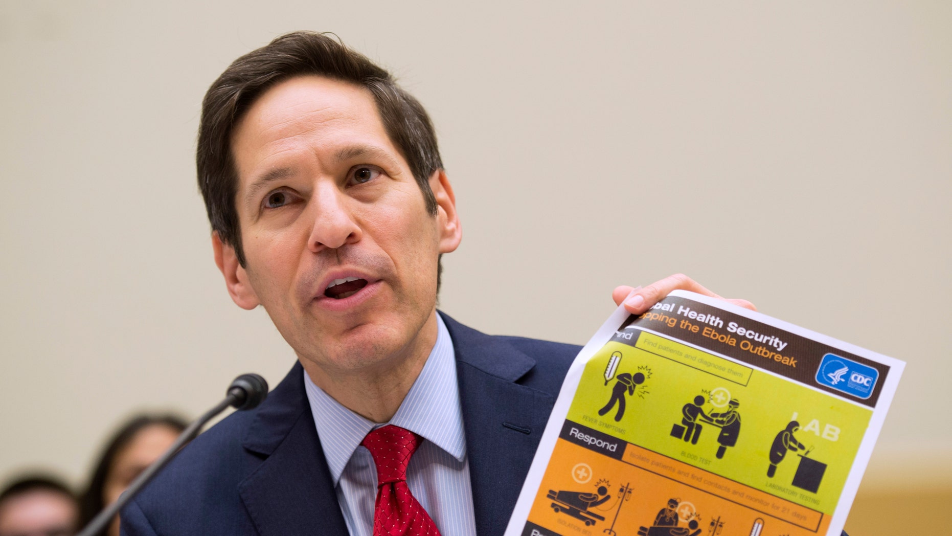 Centers for Disease Control and Prevention (CDC) Director Dr. Tom Frieden testifies on Capitol Hill in Washington Thursday, Aug. 7, 2014, before the House subcommittee on Africa, Global Health, Global Human Rights, and International Organizations hearing on "Combating the Ebola Threat." (AP Photo/Molly Riley)